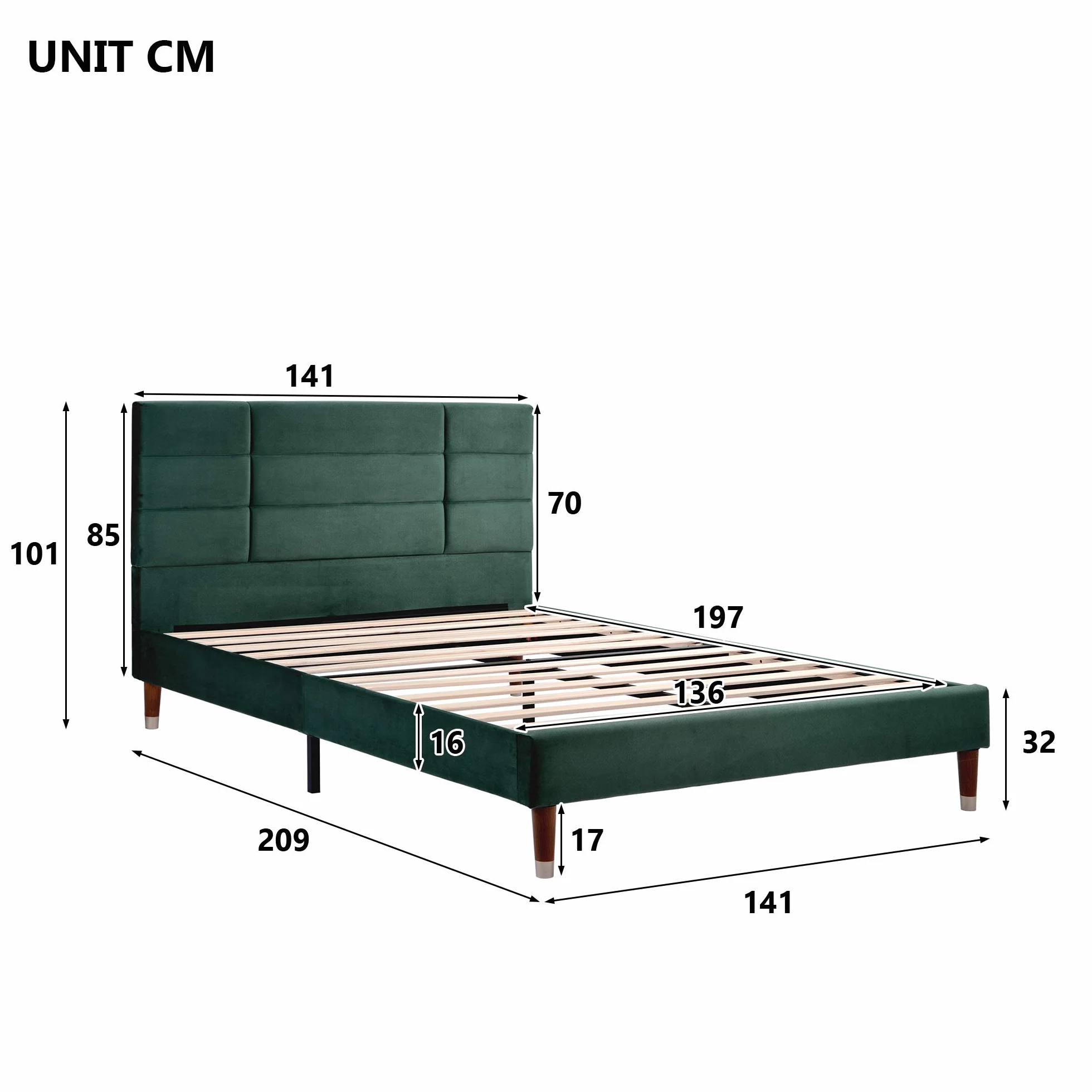 ModernLuxe Cama doble tapizada con cajón y somier, 140 x 200 cm, estructura acolchada con cabecero en terciopelo verde oscuro para adultos y jóvenes (colchón no incluido) (verde oscuro)