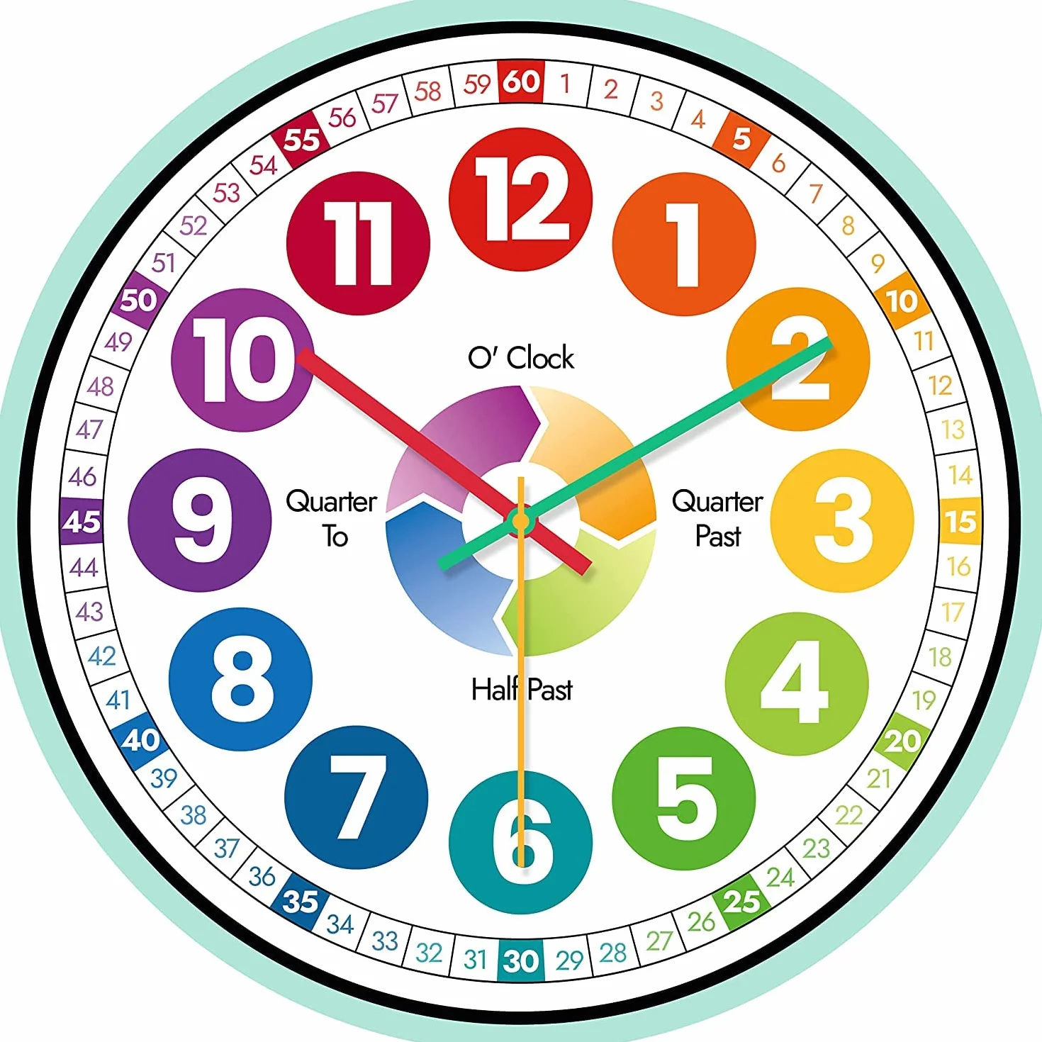 30cm Reloj de Pared Educativo para enseñar el Tiempo para niños, Silencioso, Funciona con Pilas, Aprender a Contar, Reloj de Pared de Cristal Vidrio Decorativo Colorido