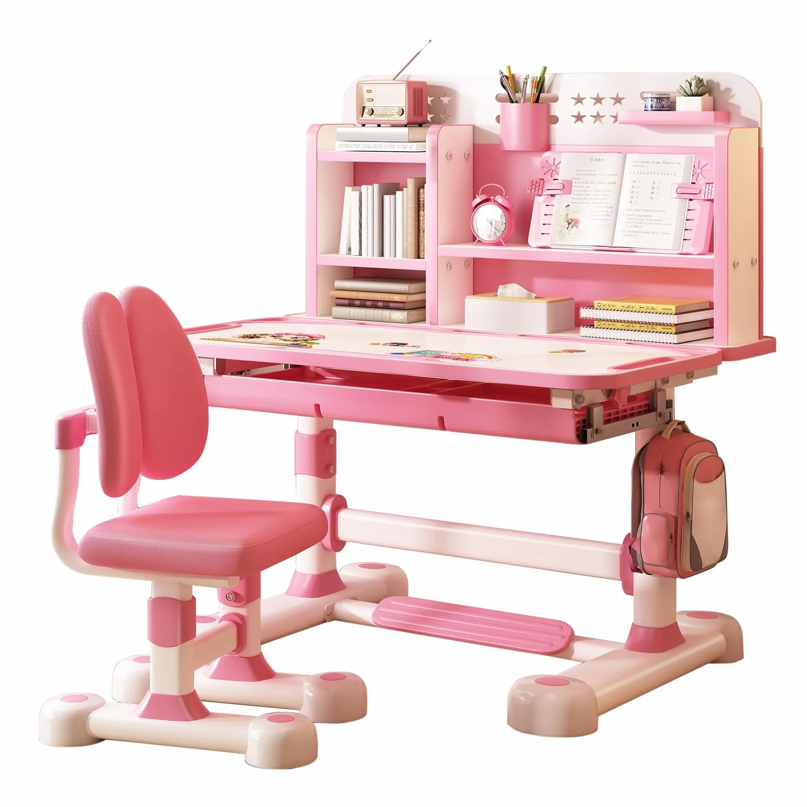 Escritorio y silla ajustable para niños, corrector de postura, soporte para libros, pedal de pie, color rosa