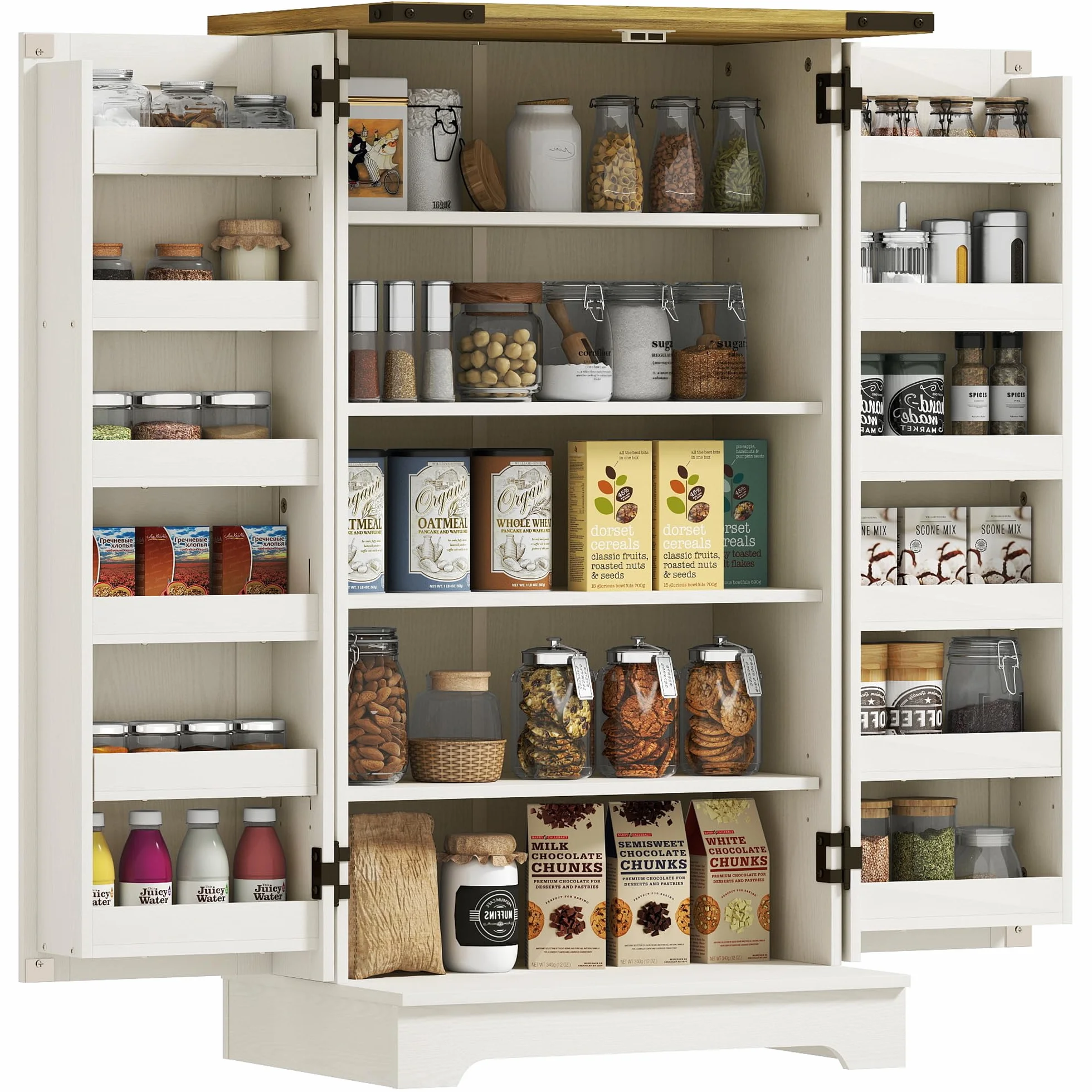 HOMCOM Armario Despensa Cocina Armario de Cocina con 2 Puertas y 16 Estantes Alacena Rústica con Estante Ajustable para Comedor Salón 60x40x104 cm Crema