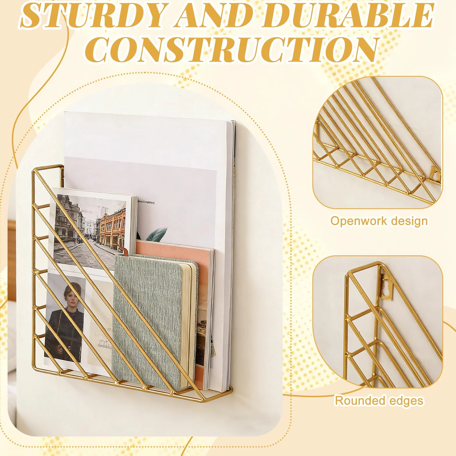 Organizador de Pared Triangular de Metal para Revistas con Tornillos, Dorado