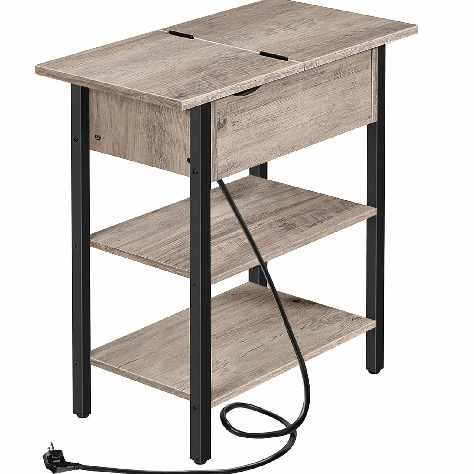 HOOBRO Mesa Auxiliar, Mesita de Sofá Abatible con Puntos de Carga y Estante de Almacenamiento, Mesita de Noche Estrecha para Espacios Reducidos, Estructura Estable, Greige y Negro EBG342BZ01