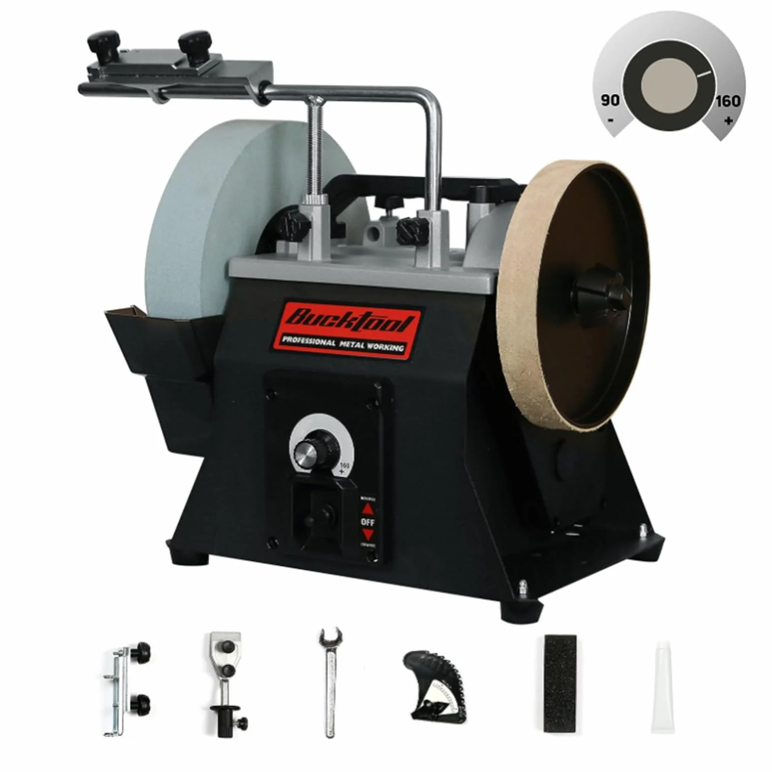 BUCKTOOL Afilador de velocidad variable de 250 mm, 90-160 rpm, sistema de afilado húmedo y seco de grano 220 refrigerado por agua en dos direcciones