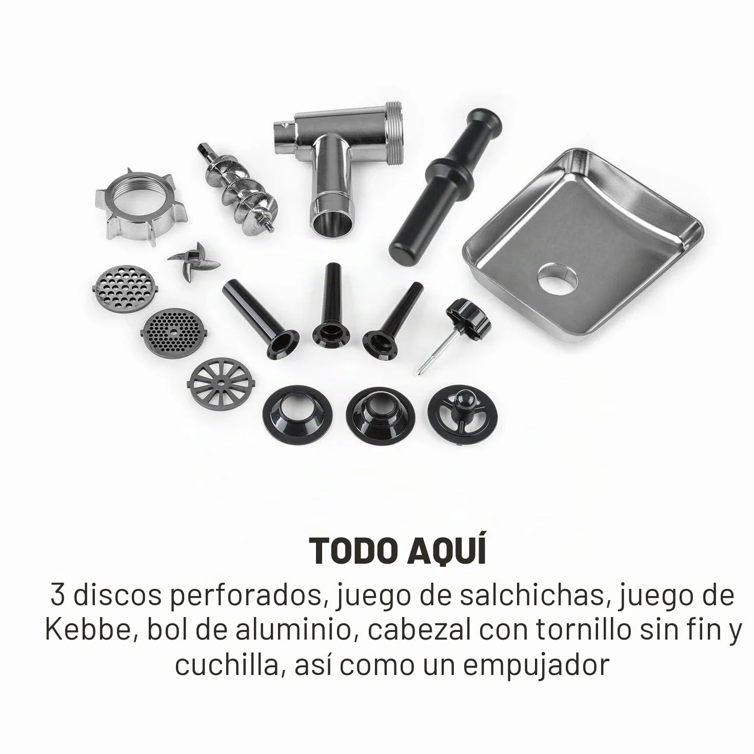 Klarstein Kraftprotz Picadora - Picadora de carne eléctrica, 700 W de potencia, 2 velocidades, Marcha atrás, Cuchilla de acero inoxidable, Gran bandeja de aluminio, Set de accesorios, Negro