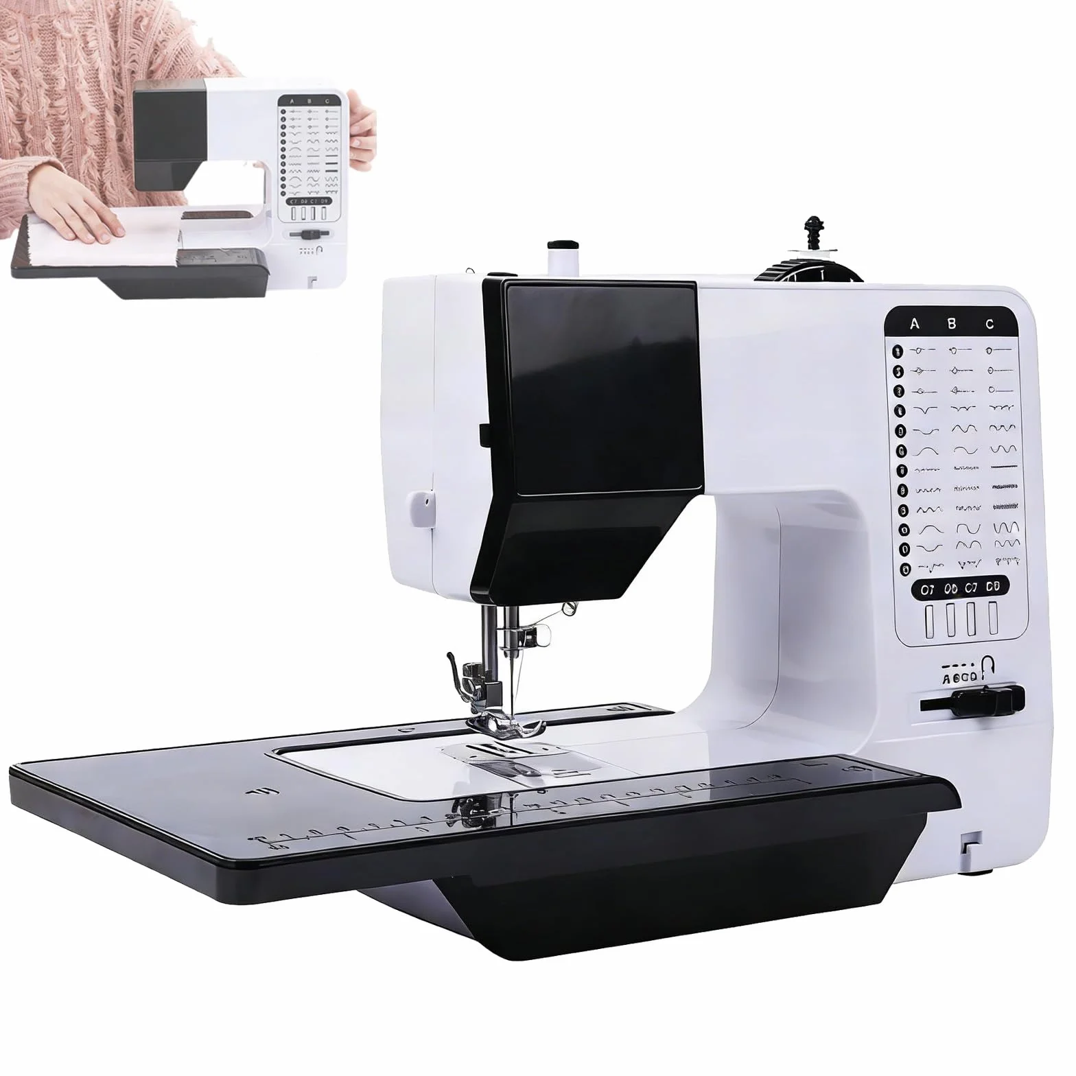 Máquina de coser industrial resistente, diseño portátil con 38 puntadas integradas y luz nocturna, ideal para proyectos de reparación y costura, incluye mesa de extensión para todos los usuarios