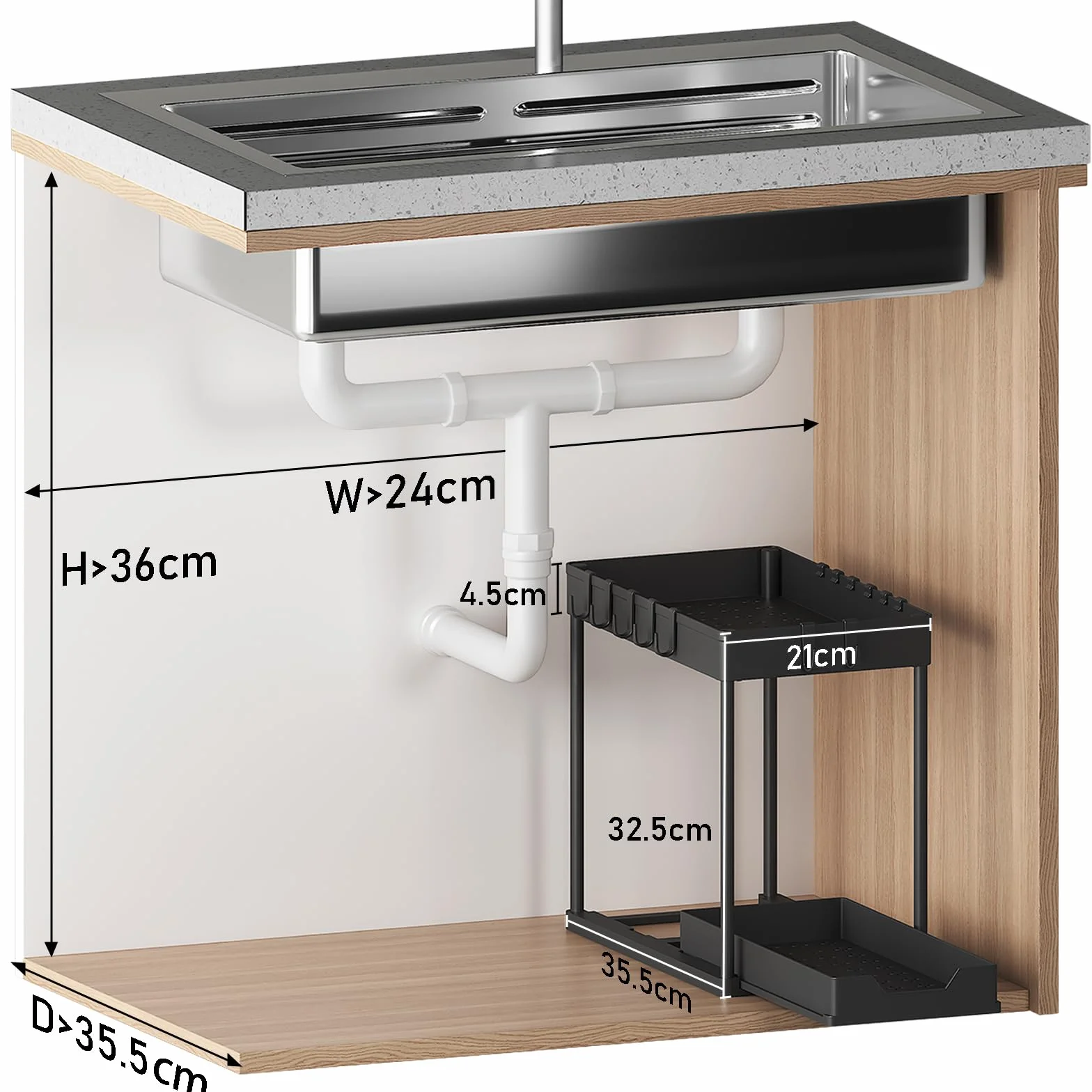Organizador Cocina 2 Niveles para Debajo del Fregadero - Estante Almacenamiento Extraíble con 16 Ganchos, Negro