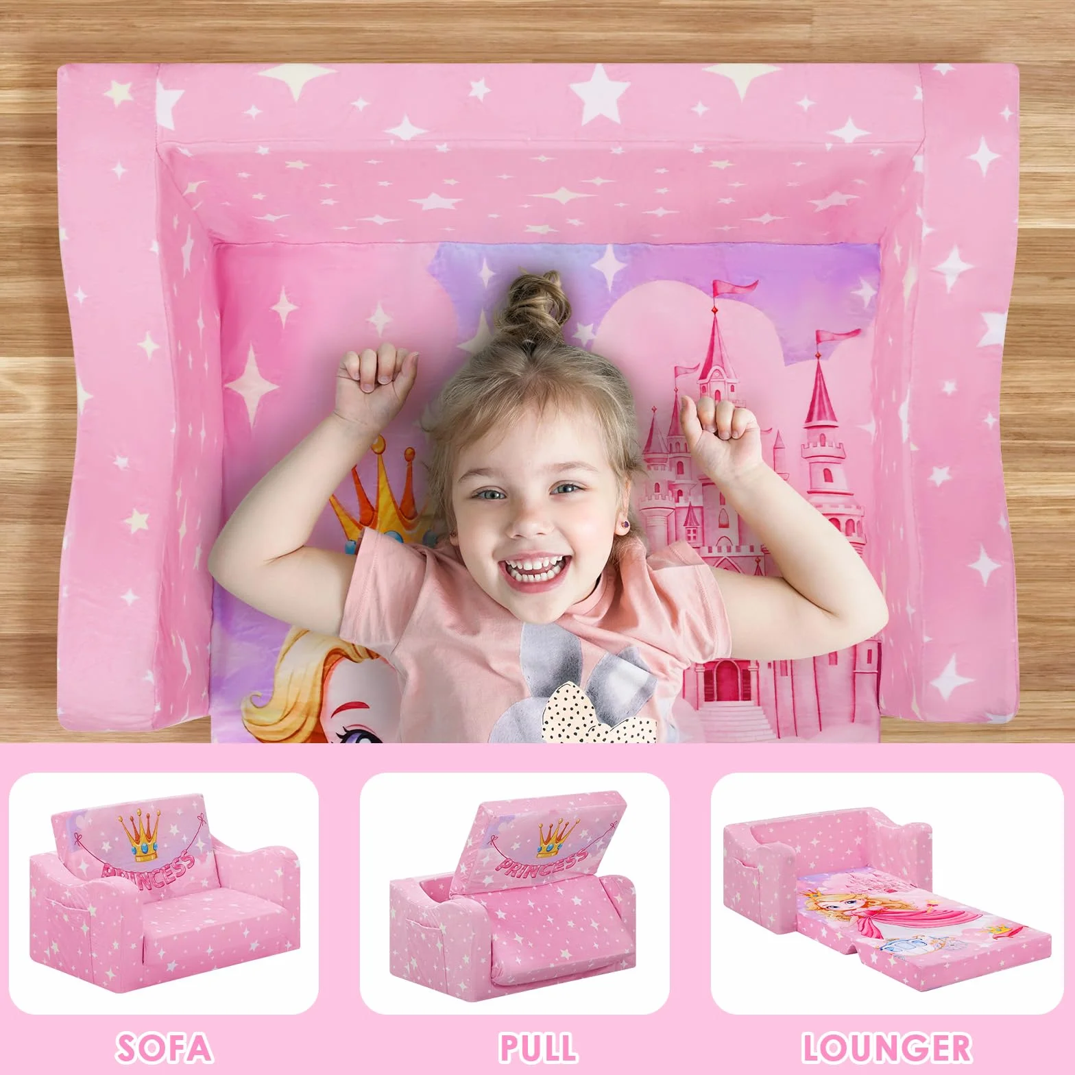 Convertible Sofa para Niños 2 en 1, Suave Cómoda Sofa para Niñas y Niños, Estable Silla Plegable Niño para Dormitorio Sala de Juegos,Rosa Princesa