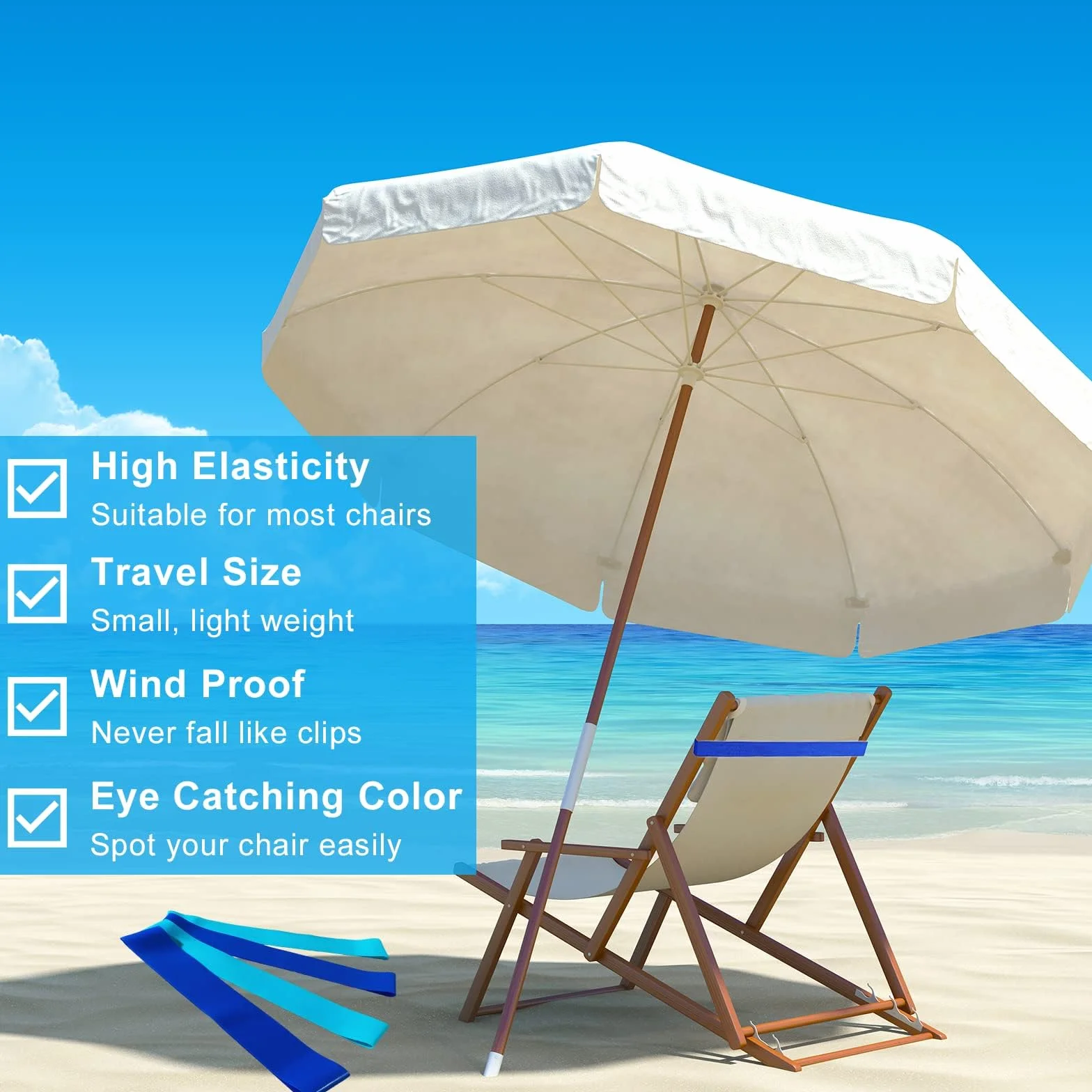 Bandas Elásticas para Toallas de Playa, 4 Pcs, Clips para Silla de Piscina y Tumbonas (Azul)