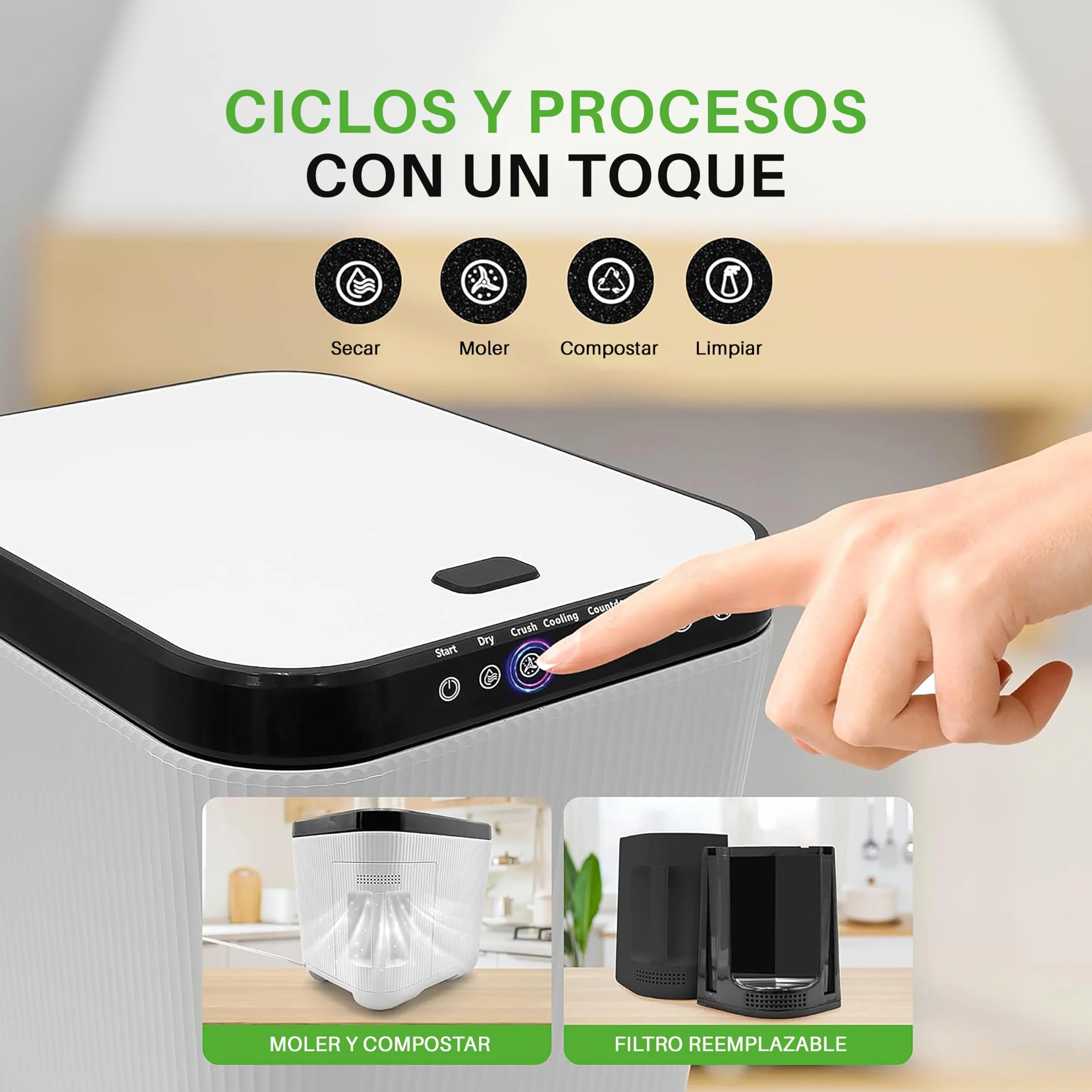 NutriChef compostador electrico, 3 litros, Ideal para cocinas, Cubo Basura organica y desechos de Comida, Automatico, Funciones de Secado, Trituracion y Enfriamiento