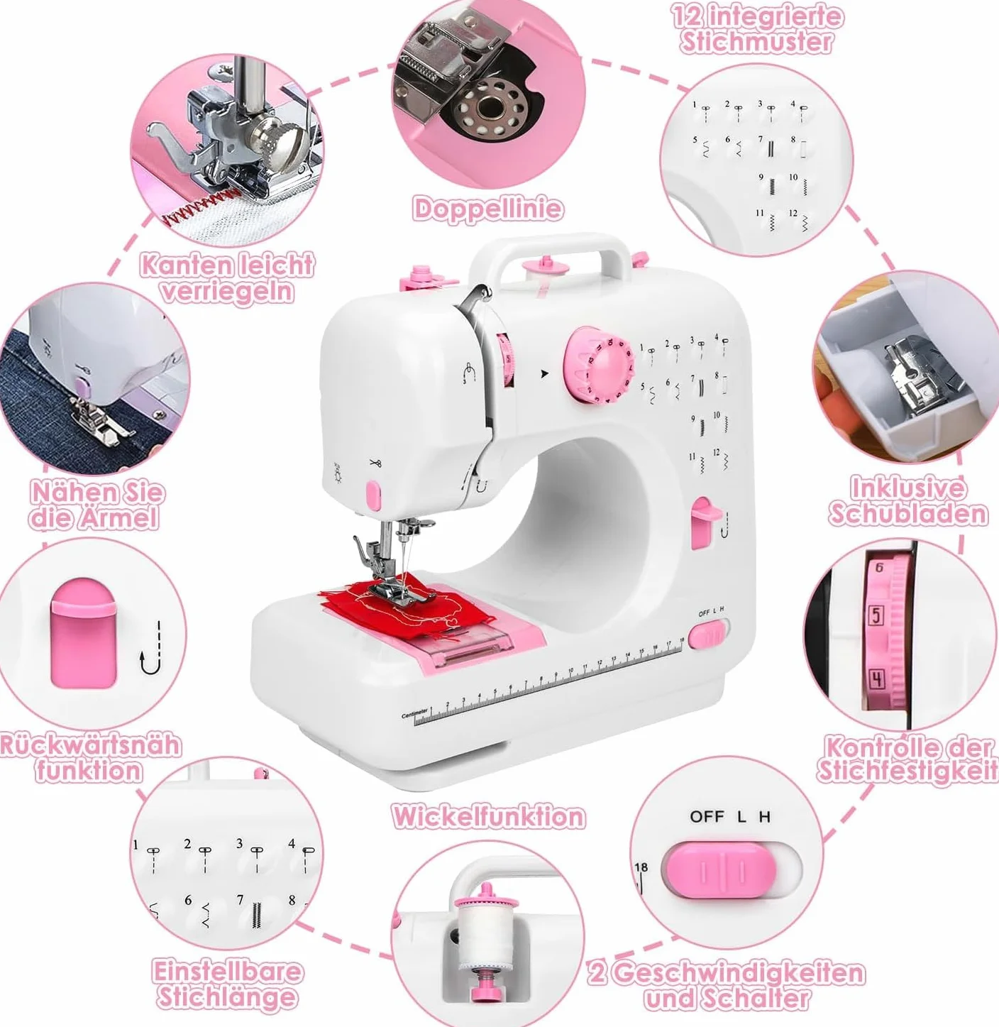 Máquina de Coser, 12 Puntadas Maquina de Coser Niña, Automático Pespunte Doble Hilo Portátil Maquina de Coser Manual para el Hogar con Dos Velocidades y Luz LED, para Adultos Niños (Rosa)