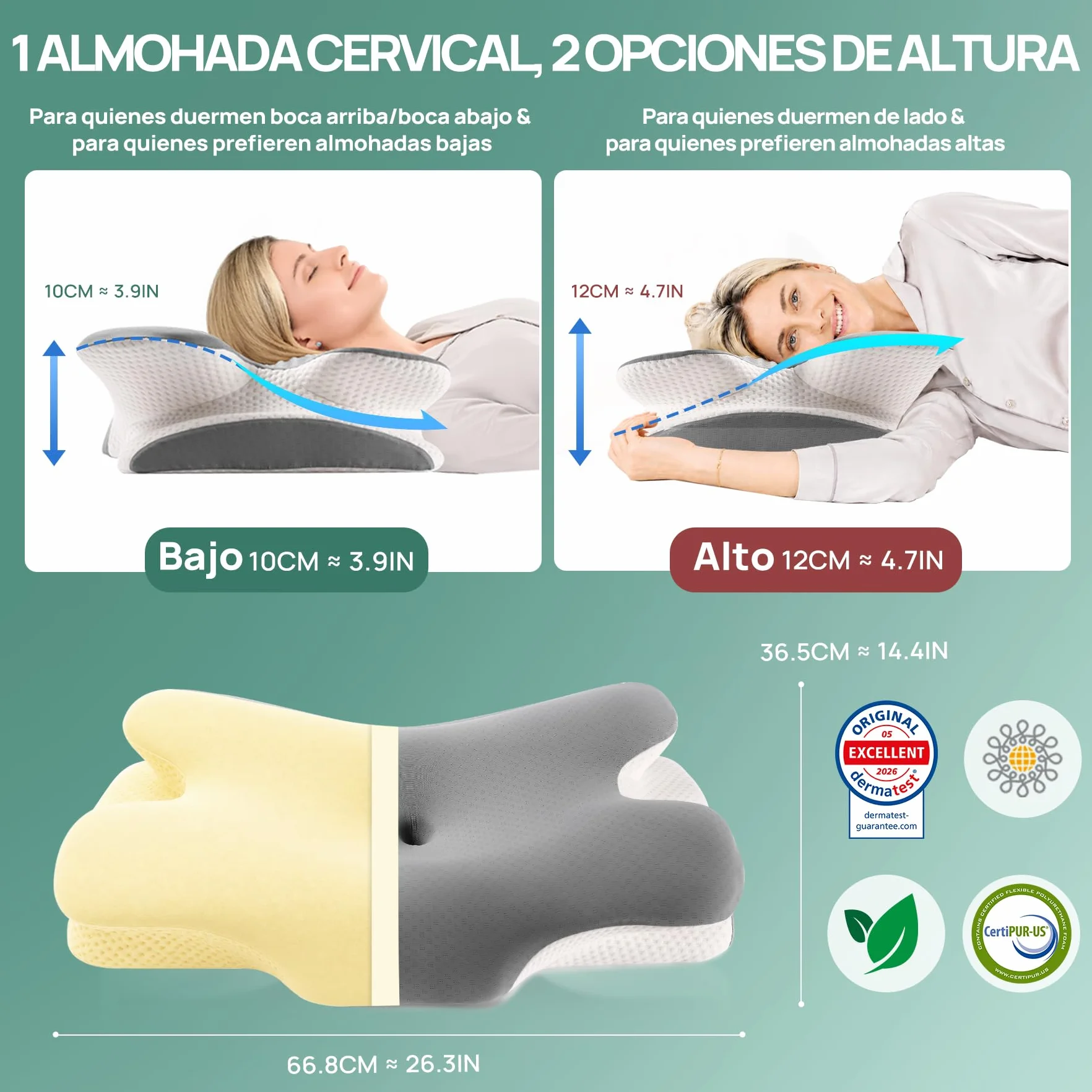 MULISOFT Almohada Cervicales y Cuello, Almohada Cervical de Espuma Viscoelástica, 2 en 1 Almohada Ergonómica Mariposa para Dormir de Lado, Boca Arriba y Boca Abajo, 67x36x10/12 cm, P-105 Gris