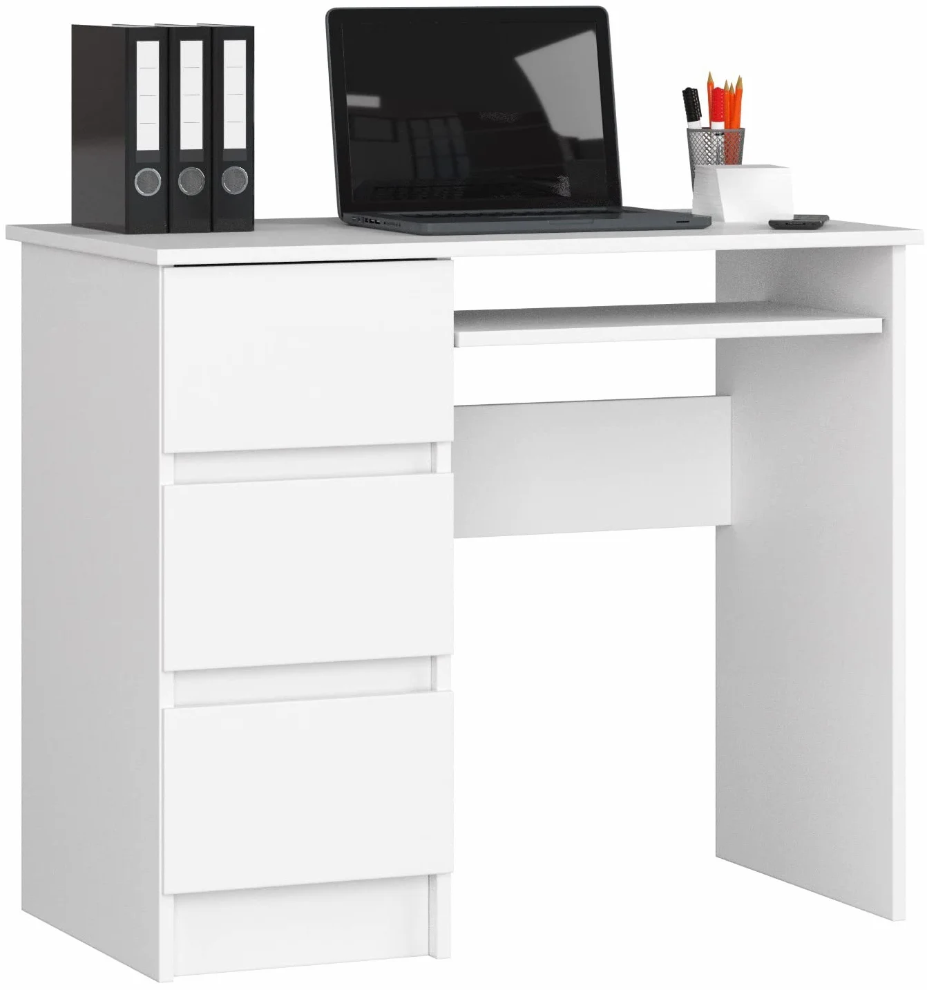 AKORD Escritorio A-6 con Estante para Teclado y 3 cajones a la Izquierda o a la Derecha | Escritorio de Oficina | Escritorio para Ahorrar Espacio | 90x77x50cm 30 kg (Blanco)
