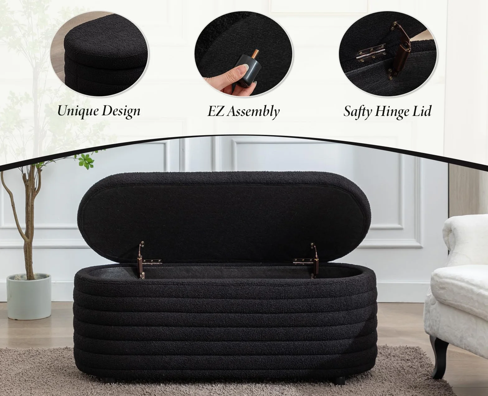 Ya-Home Banco con Almacenamiento de Piel Sintética Negro, Baúl Zapatero Multifuncional con Cojín Acolchado, Asiento para el Pie de la Cama, Recibidor, Salón – hasta 300 lbs de Carga, 115 cm