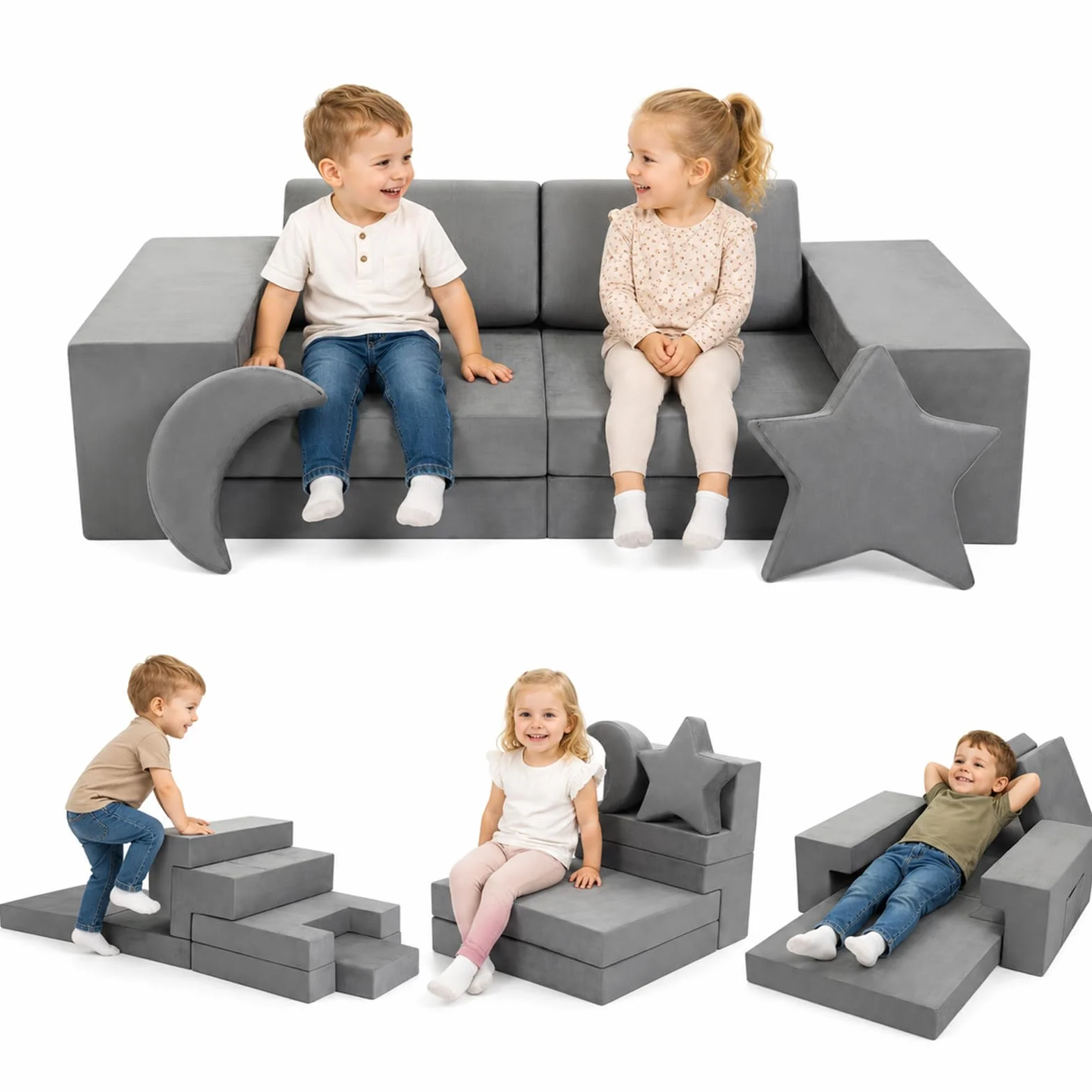 Sofá Infantil, Sofá Modular de Juego 9 Piezas para Niños, Sofá Combinable DIY con Cojines Luna y Estrella, Transformable en Sofá y Castillo de Juegos, Regalo Ideal para Niños (Gris)