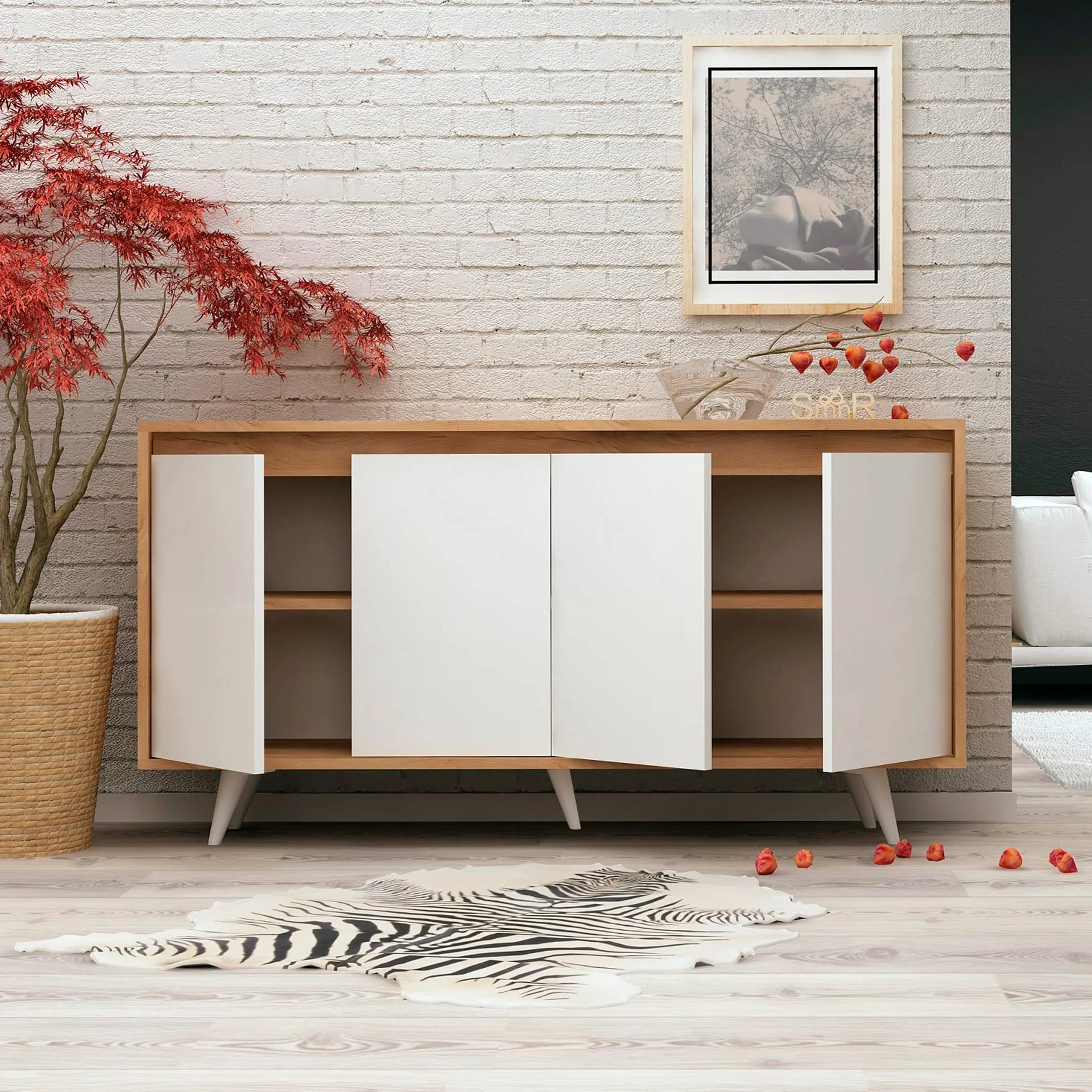 Mueble de roble blanco con 100% tablero aglomerado rechapado en melamina.
