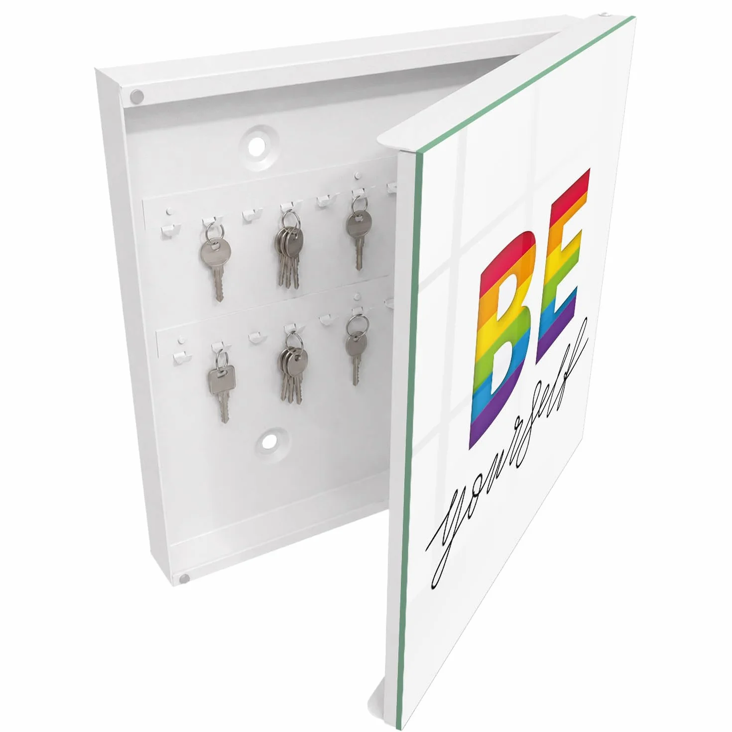 Tulup Armario para Llaves 30x30 cm | Blanco | Derecha | Montaje en Pared | Motivación auténtica | de Metal | Frente Decorativo de Cristal | Kit de Montaje Incluido | Organizador | 50 Ganchos