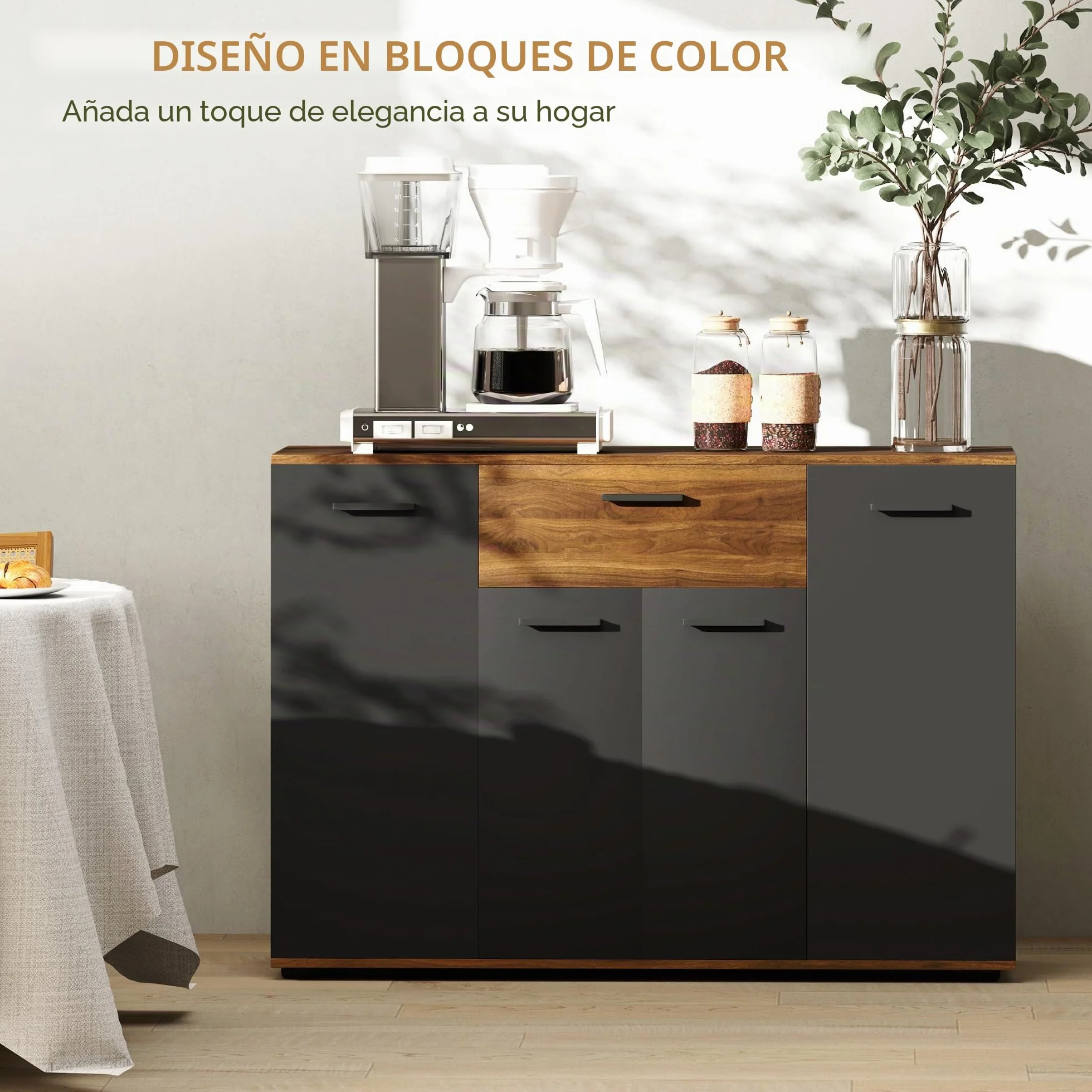 HOMCOM Aparador de Almacenamiento 120x35x85cm Marrón y Negro | 4 armarios, cajones, estantes ajustables, mueble de comedor
