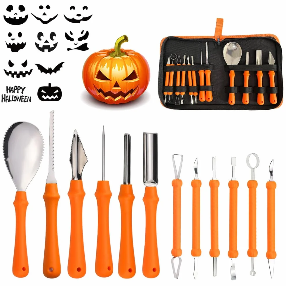 Kit de Calabaza Tallado de Halloween, 12 Piezas Juego de Tallado de Calabaza, Kit de Tallar de Calabazas con Plantillas y Estuche de Transporte, Pumpkin Carving Kit para Adultos y Niños