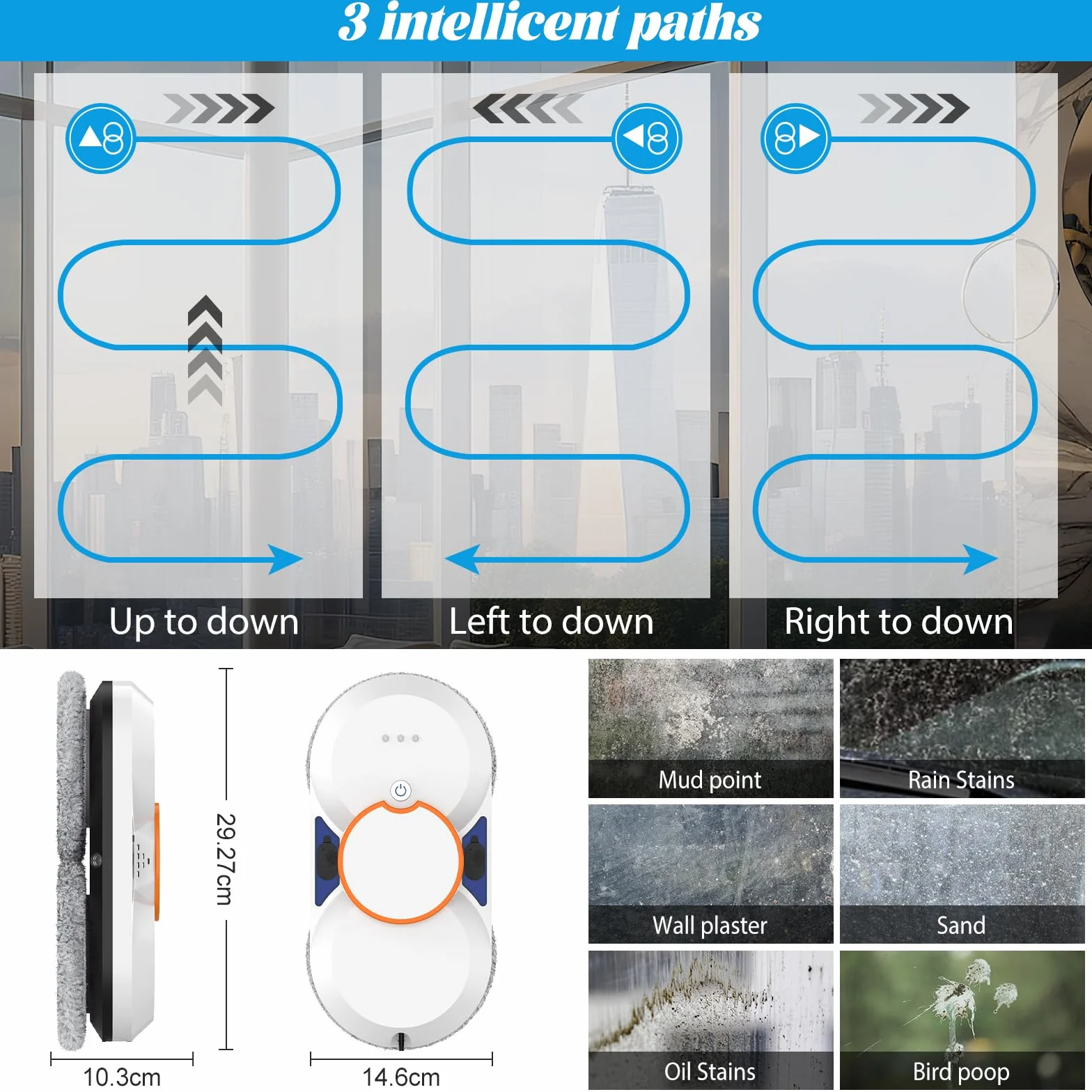 Robot Lavador de Vidrio, 5600Pa Robot Limpiador de Cristal con Doble Pulverización de Agua, 3 modos de Limpieza, Control Remoto Inteligente Navegación Protección Anticaída y 8 Paños para superficies