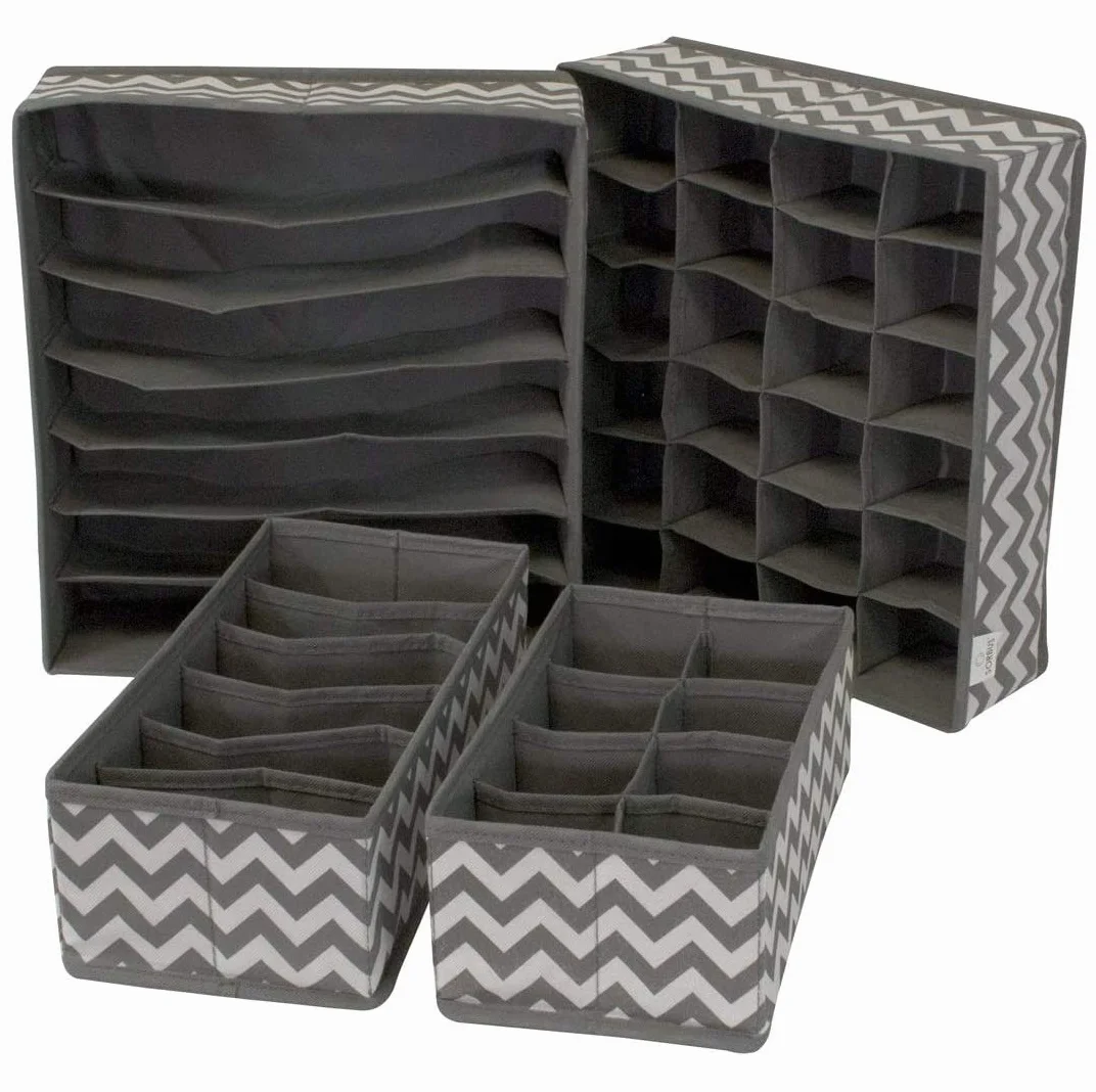 FLYNGO Organizador de cajones plegable para armario, ropa, ropa interior, organizador de armario, caja de almacenamiento para calcetines, sujetadores, corbatas y bufandas (4 piezas onduladas) (nailon)