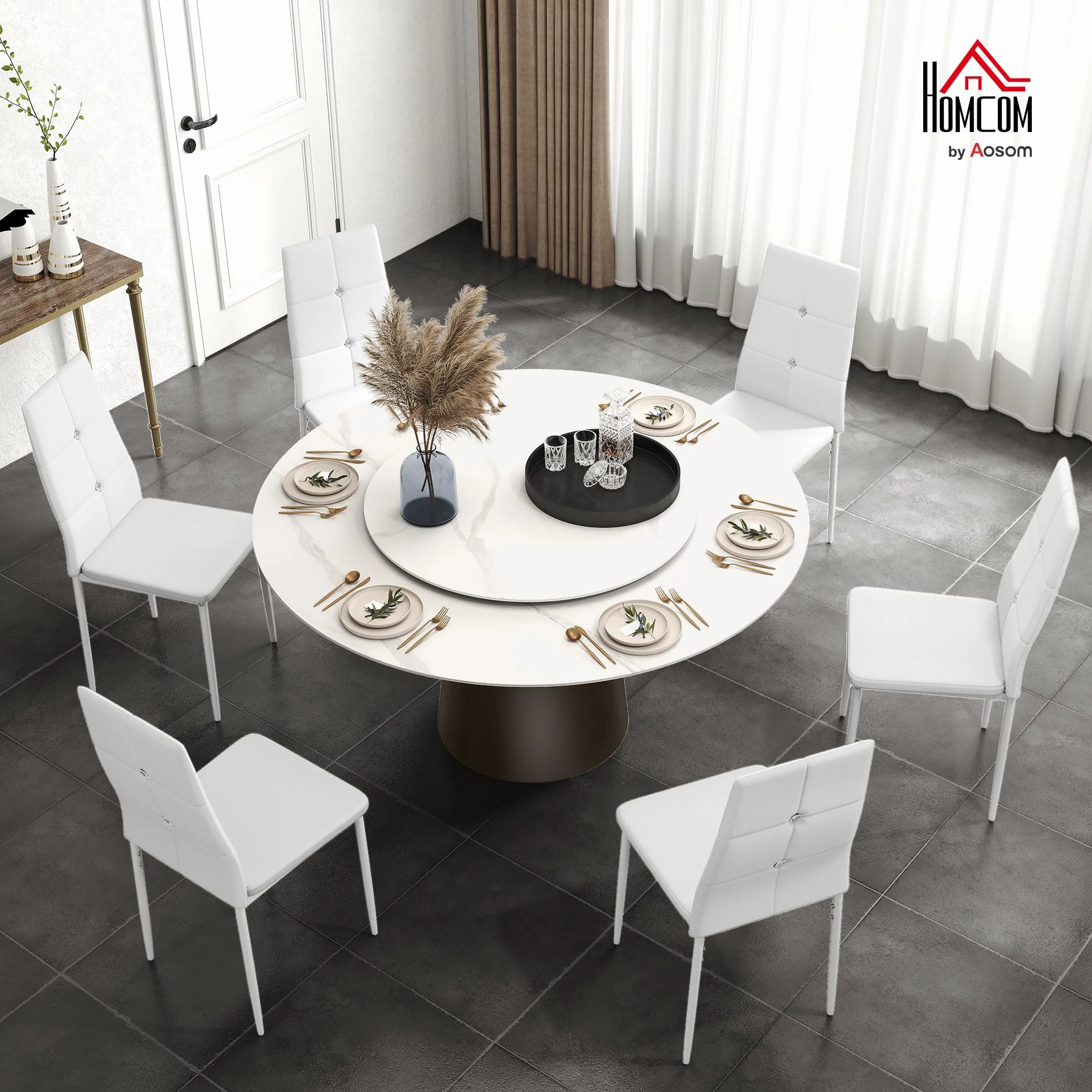 HOMCOM Juego de 6 Sillas de Comedor con Respaldo Alto para Salón Blanco | Tapizada en PU, Sillas de Cocina Modernas, Botones, Patas de Acero, Dormitorio