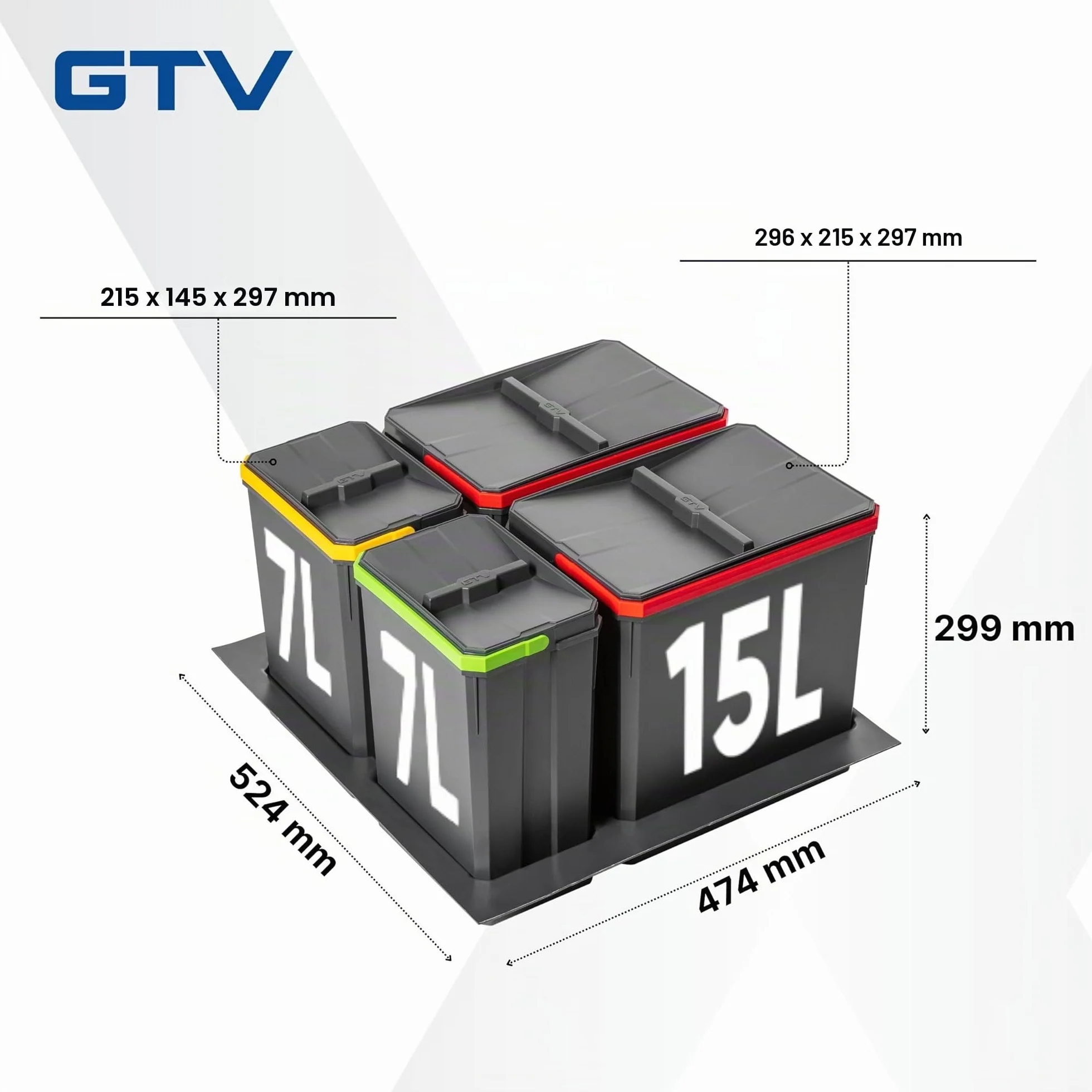 GTV - Juego de cubos de basura AxiSpace para cajones y armarios con ancho de 600 mm, juego compuesto por 2 recipientes de 15 l, 2 x 7 l, cubo de basura de plástico con partículas de grafeno, color