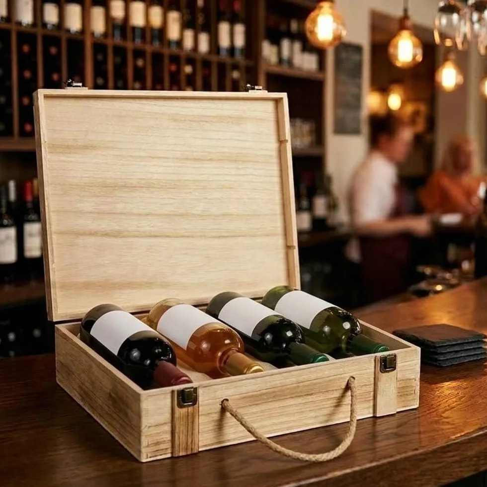 OKAFFAREFATTO MADDALONI 3 cajas de madera para cuatro botellas con asa y cierre de metal