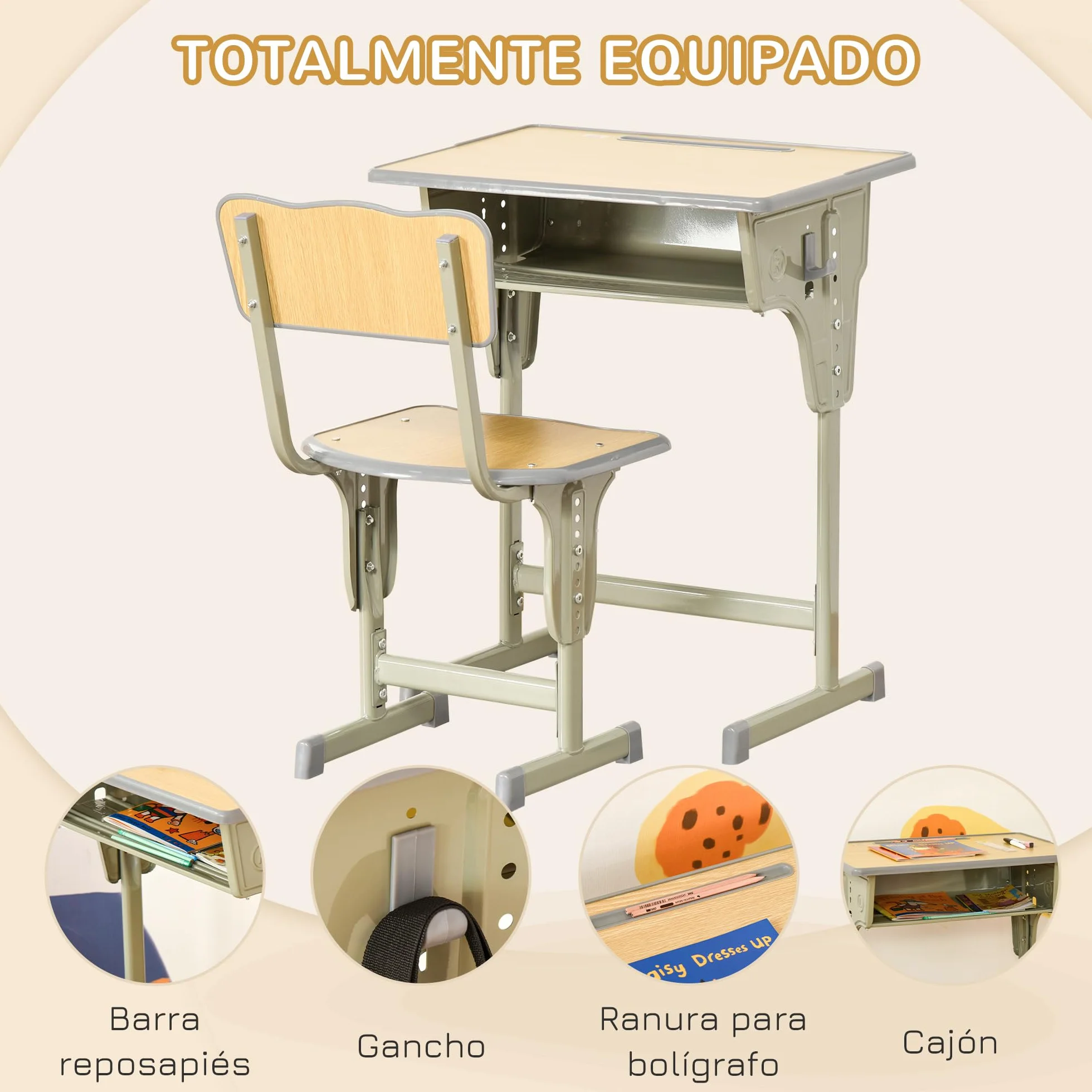 HOMCOM Juego de Escritorio y Silla para Niños +6 Años Altura Regulable con Gancho y Cajón Madera Natural