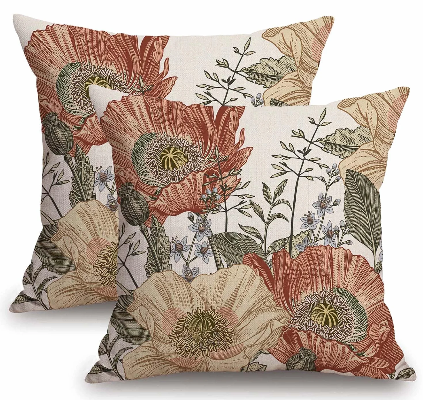 TSSOHU Juego de 2 fundas de almohada vintage de 20 x 20 pulgadas, color marrón óxido, patrón botánico floral, fundas de cojín decorativas de lino para exteriores, funda de cojín para sofá, cama,