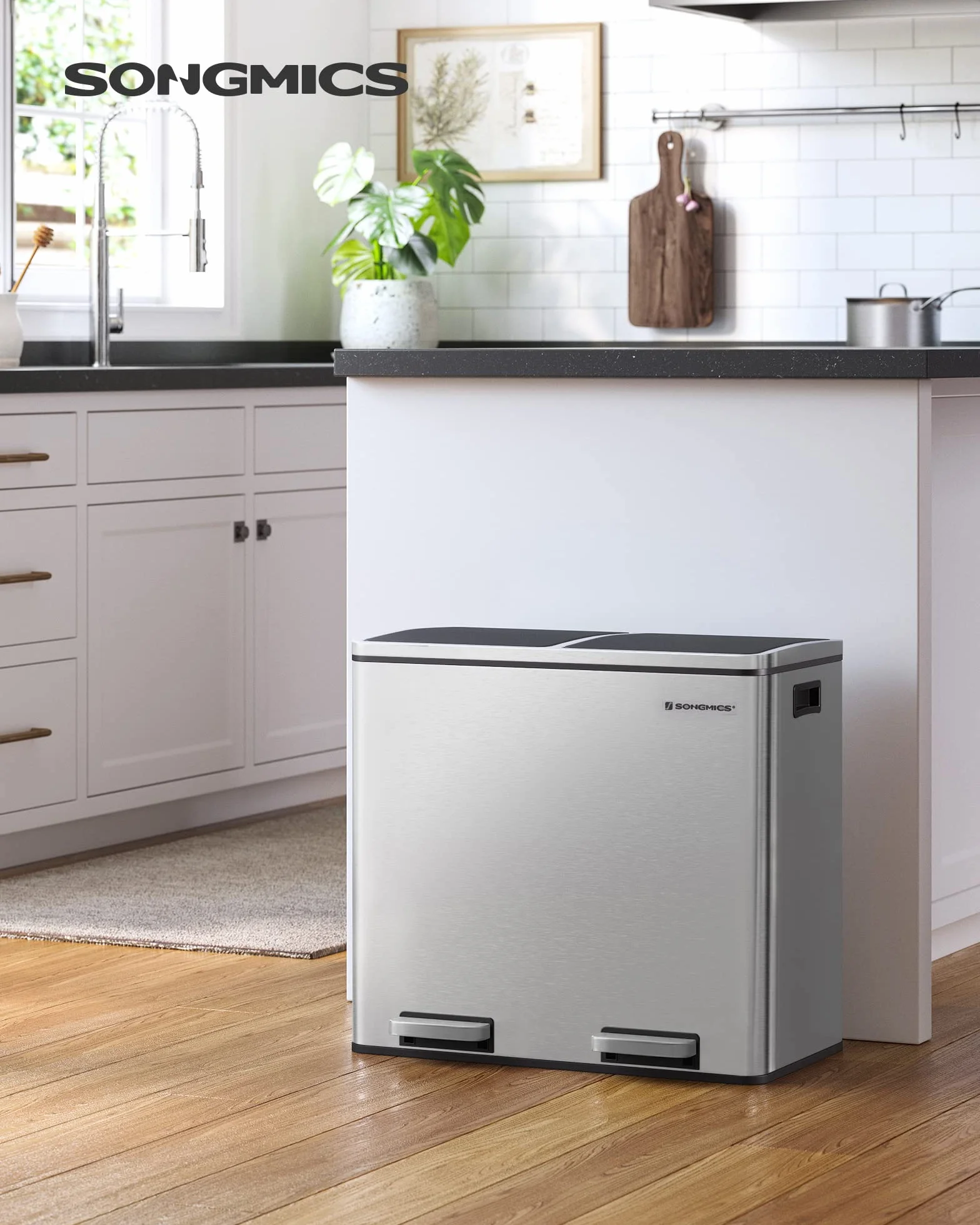 SONGMICS Cubo de basura, sistema de separación de residuos con 2 compartimentos, cubo de basura para cocina, 2 x 24 L, cierre suave, con pedales y asas, color plateado LTB48NL