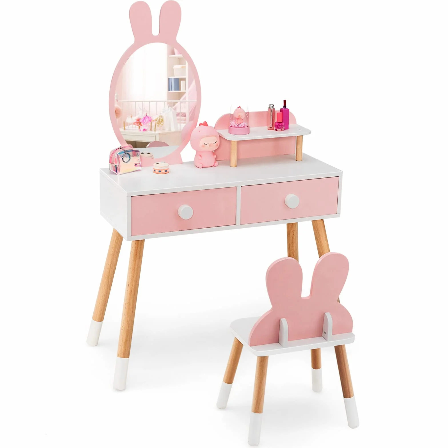 LIFEZEAL Tocador Infantil para niñas 3+, Juego de tocador con Taburete, Mesa de Maquillaje con Espejo en Forma de Conejo, Mesa Escritorio de Madera con 2 cajones y Estante（Rosa）
