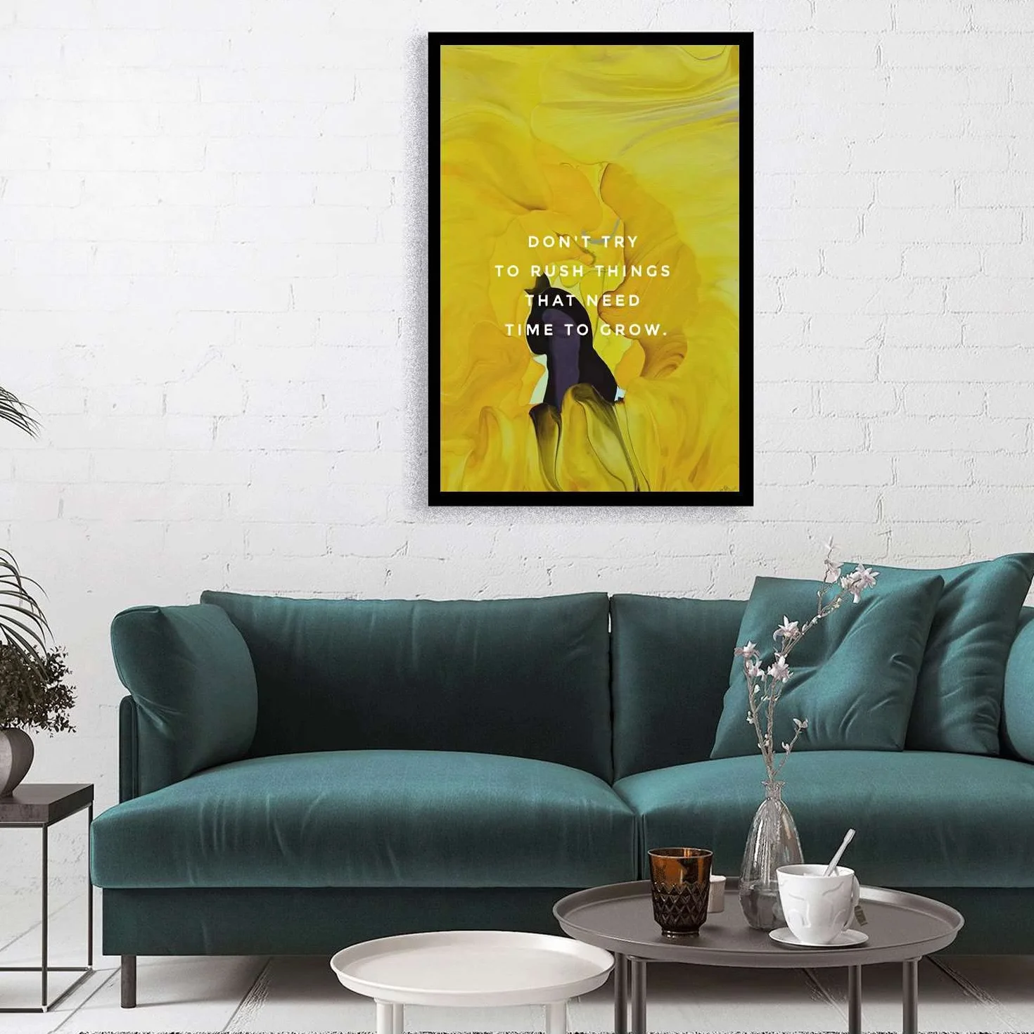 Póster con cita inspiradora para sala de estar con texto en inglés "Be patient Inspirational Don't try to rush things that need time to grow" para habitación estética, 20 x 30 cm, marco de metal negro