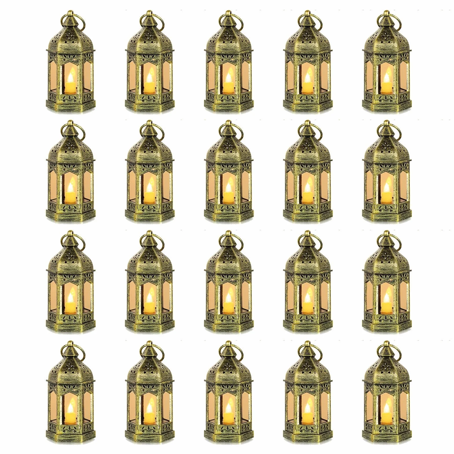 Romadedi Mini farol con velas LED, dorado, juego de 20 | Para colgar, para bodas, Ramadán, Navidad, jardín, balcón, exterior y decoración de mesa