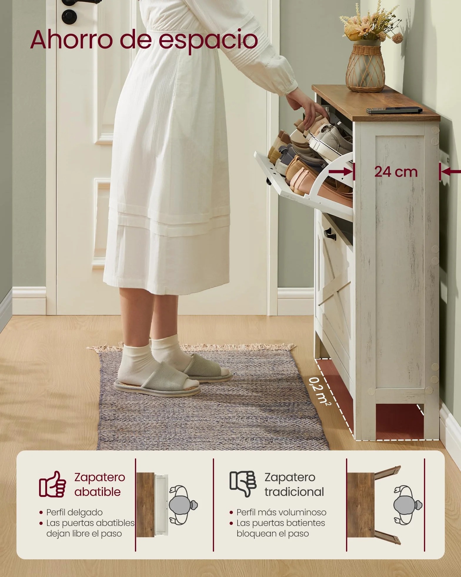 VASAGLE LIRY Colección - Mueble Zapatero, con 2 Cajones Abatibles, Zapatero Estrecho Independiente para Entrada, Estilo Rústico, para 12 a 16 Pares, Blanco Rústico HSC201W01
