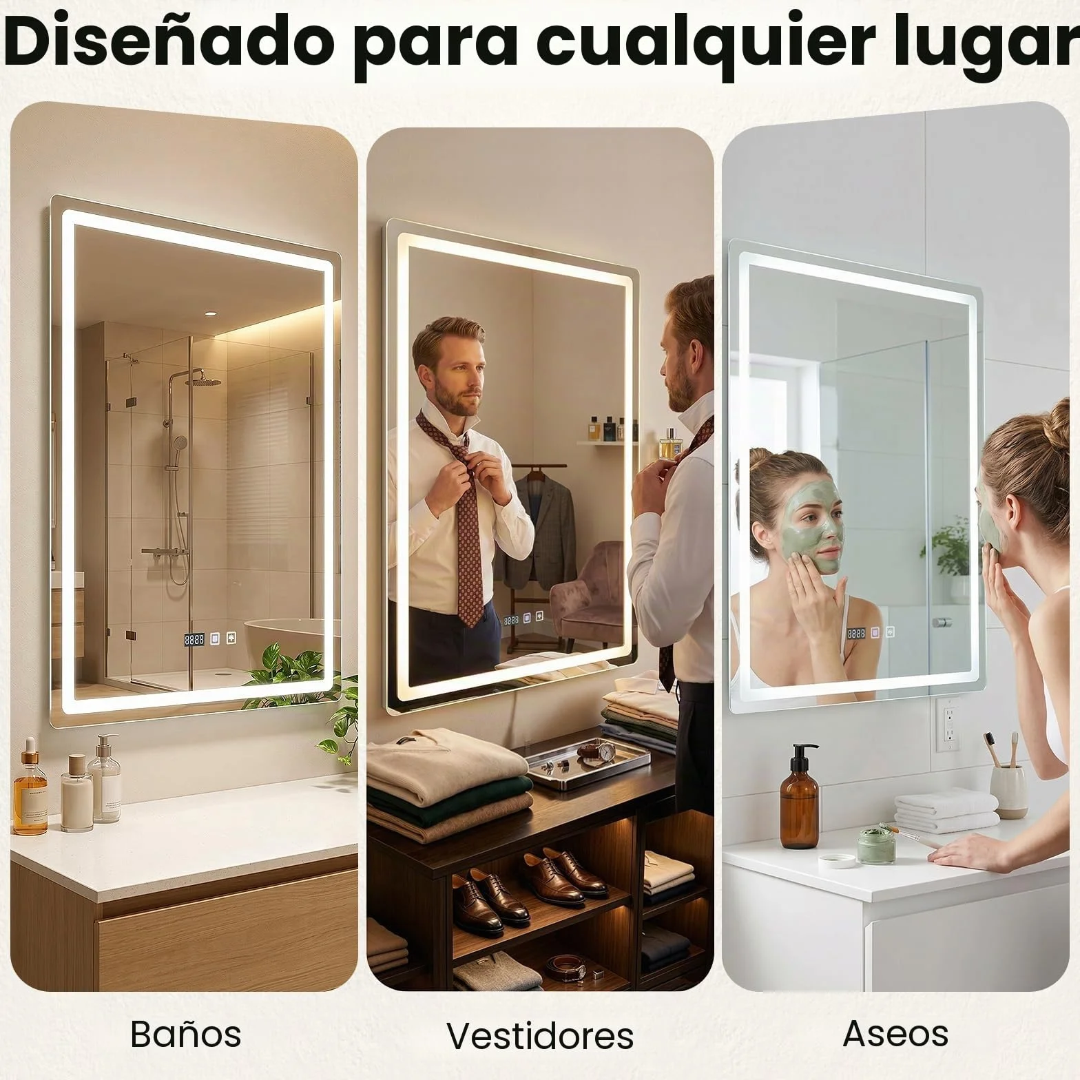 Espejo de baño con iluminación 60 x 80 cm, espejo LED con 3 colores de luz regulable, antivaho, espejo de pared LED horizontal/vertical para baños, lavabos (60 x 80 cm)