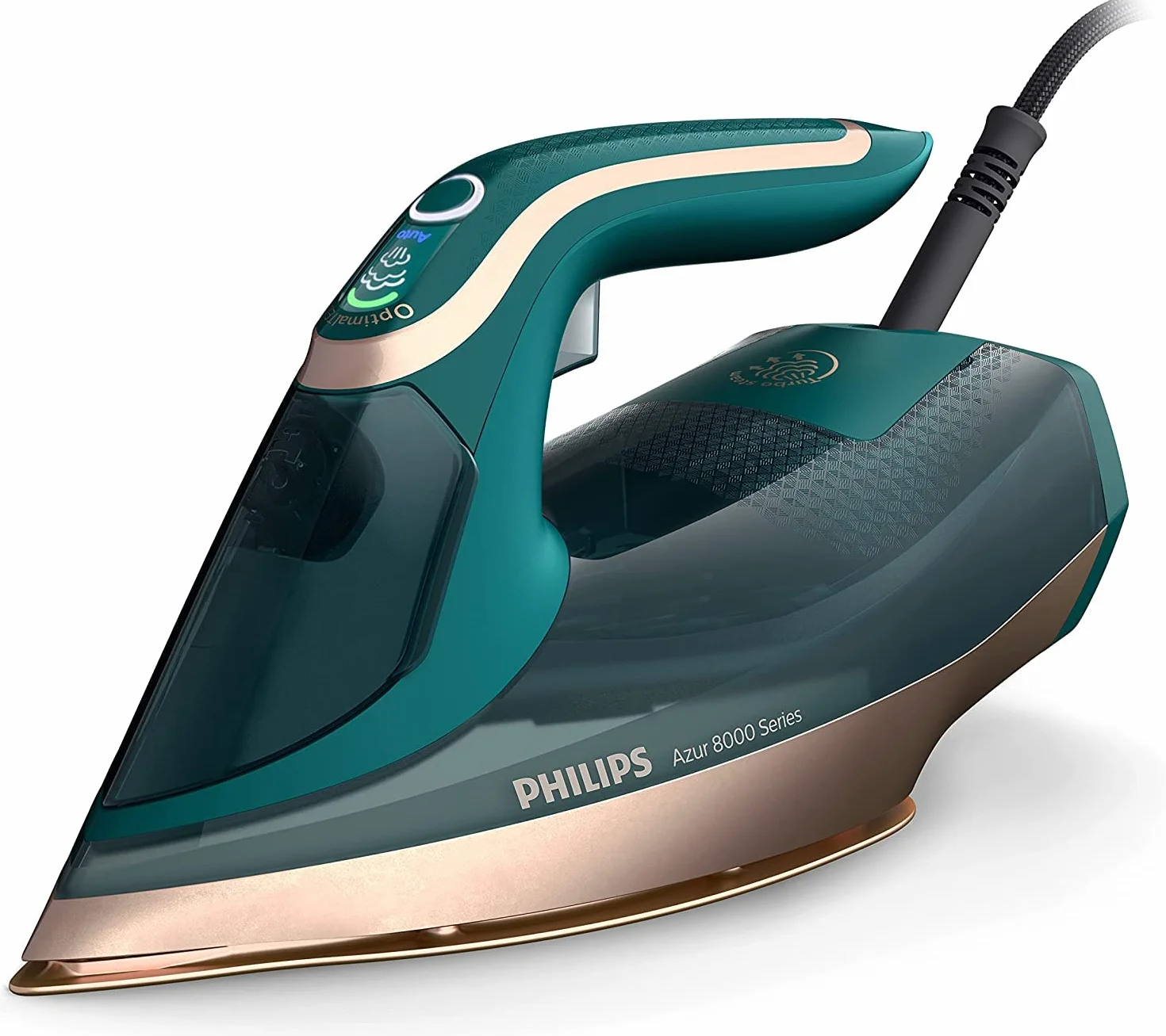 Philips Azur 8000 Plancha de Vapor, 3000W, depósito 305 ml, Verde Ópalo | Golpe de vapor 240g, 70g/min continuo, OptimalTEMP sin quemaduras, suela SteamGlide Elite, vapor vertical (DST8030/70)