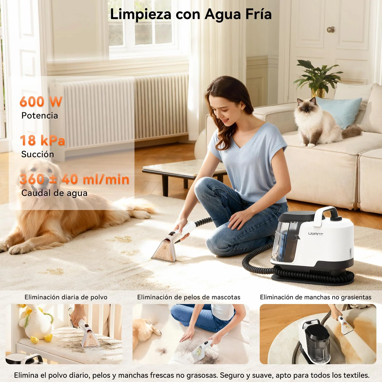 Uwant Aspiradora de Agua Tapiceria Lava y Aspira con Vapor Y100S 1750W 18KPa, 3 en 1 Frío/Agua Caliente 65℃/Vapor 100℃, Portátil, Cepillos mult. Limpia Sofá/Alfombras/Coche/Cocina, 2.4L Depósito