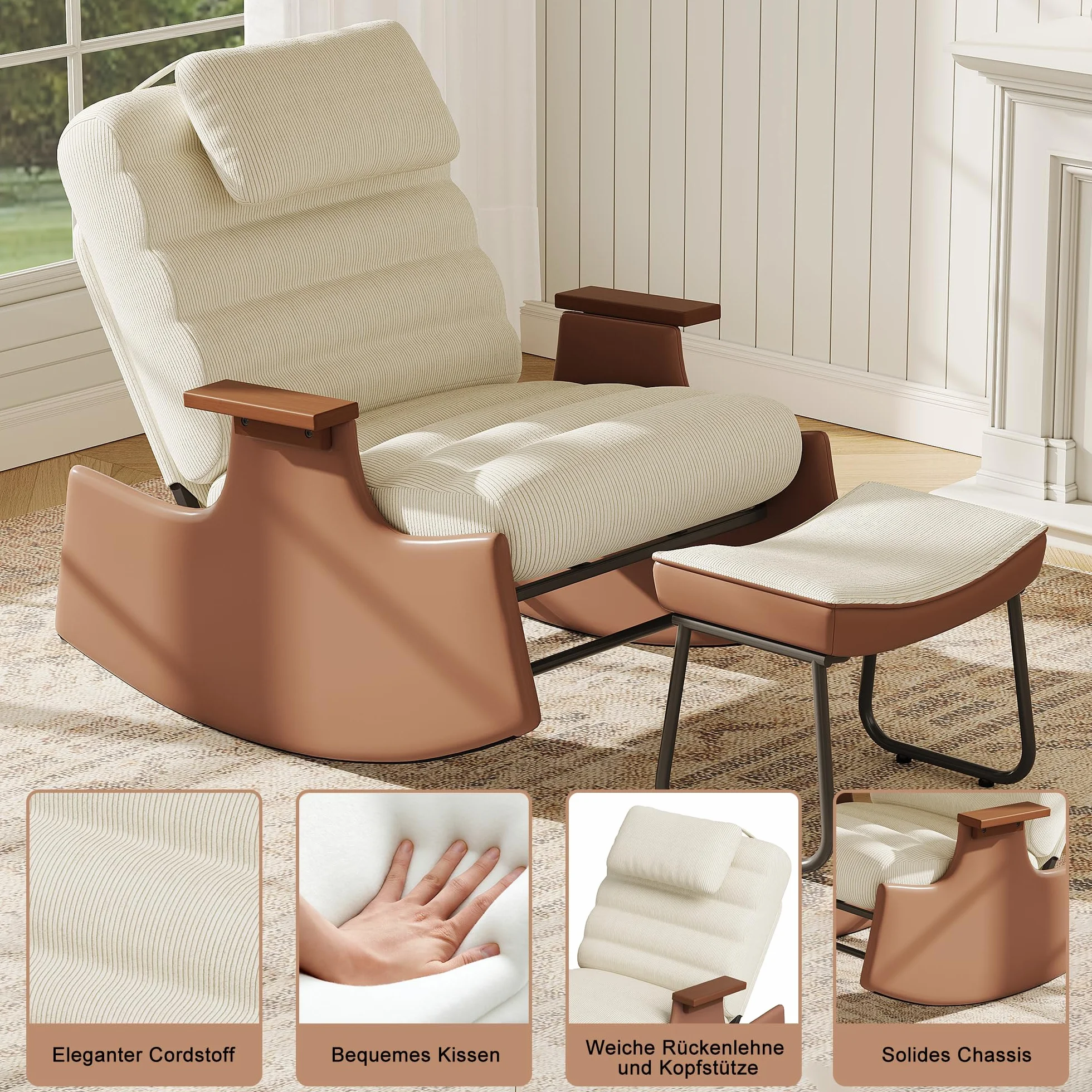 Mecedora con función reclinable y reposapiés, sillón Moderno de Relax con Respaldo Ajustable en 3 Niveles, sillón Mecedora Acolchado con reposacabezas y reposabrazos