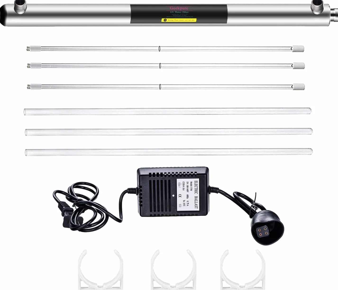 Geekpure Sistema de Filtro de Agua para Toda la Casa- Purificador de Agua UV de 55 W con 3 Filtros UV + 3 Manguitos de Cuarzo