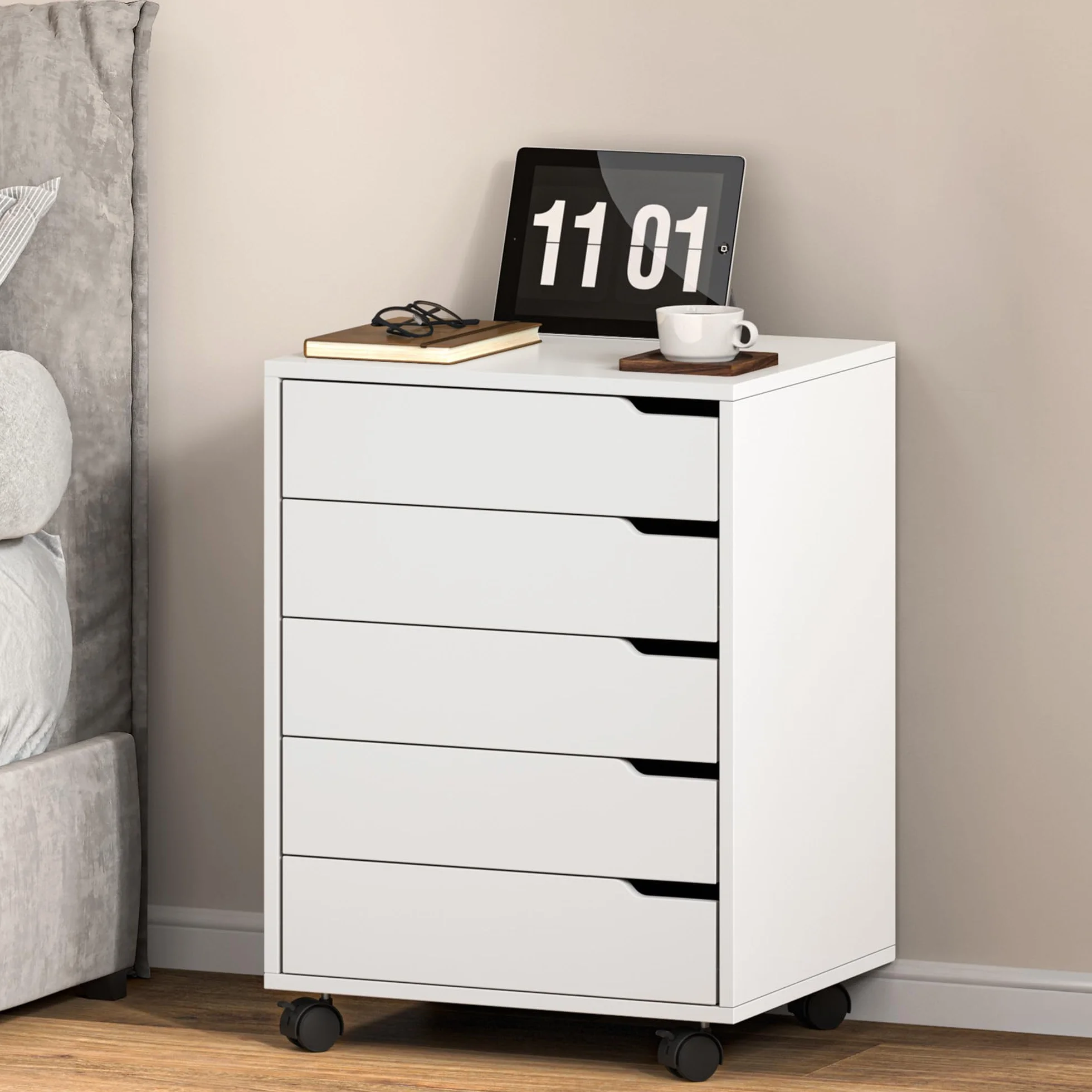 SDHYL Archivador vertical de 5 cajones con asas, carrito con ruedas, cajón con cajones, almacenamiento debajo del escritorio para oficina en casa, 5 cajones, blanco