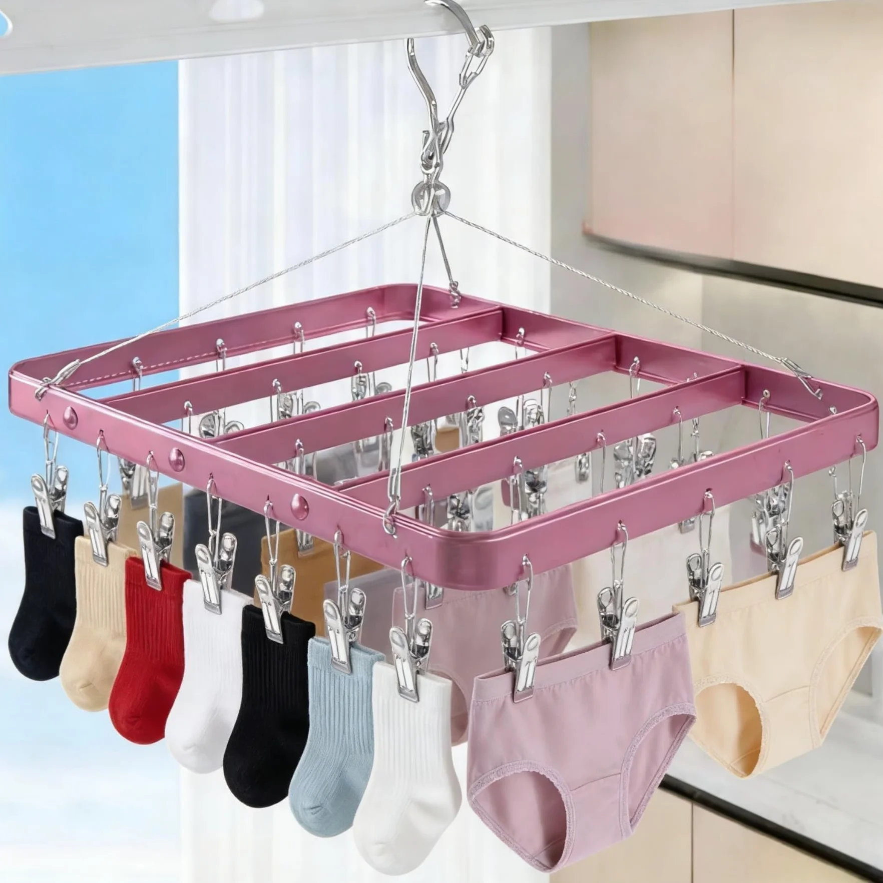 Perchero para pantalones con 36 clips, estante de secado plegable a prueba de viento, colgador de ropa metálico para jeans