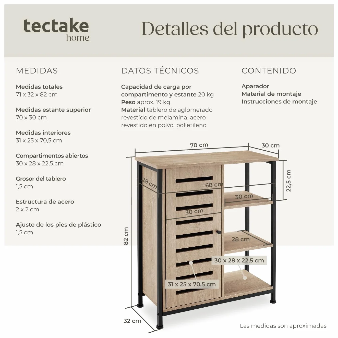 Aparador Estilo Industrial con Armario 71 x 32 x 82 cm Madera Roble Sonoma Puerta Izquierda