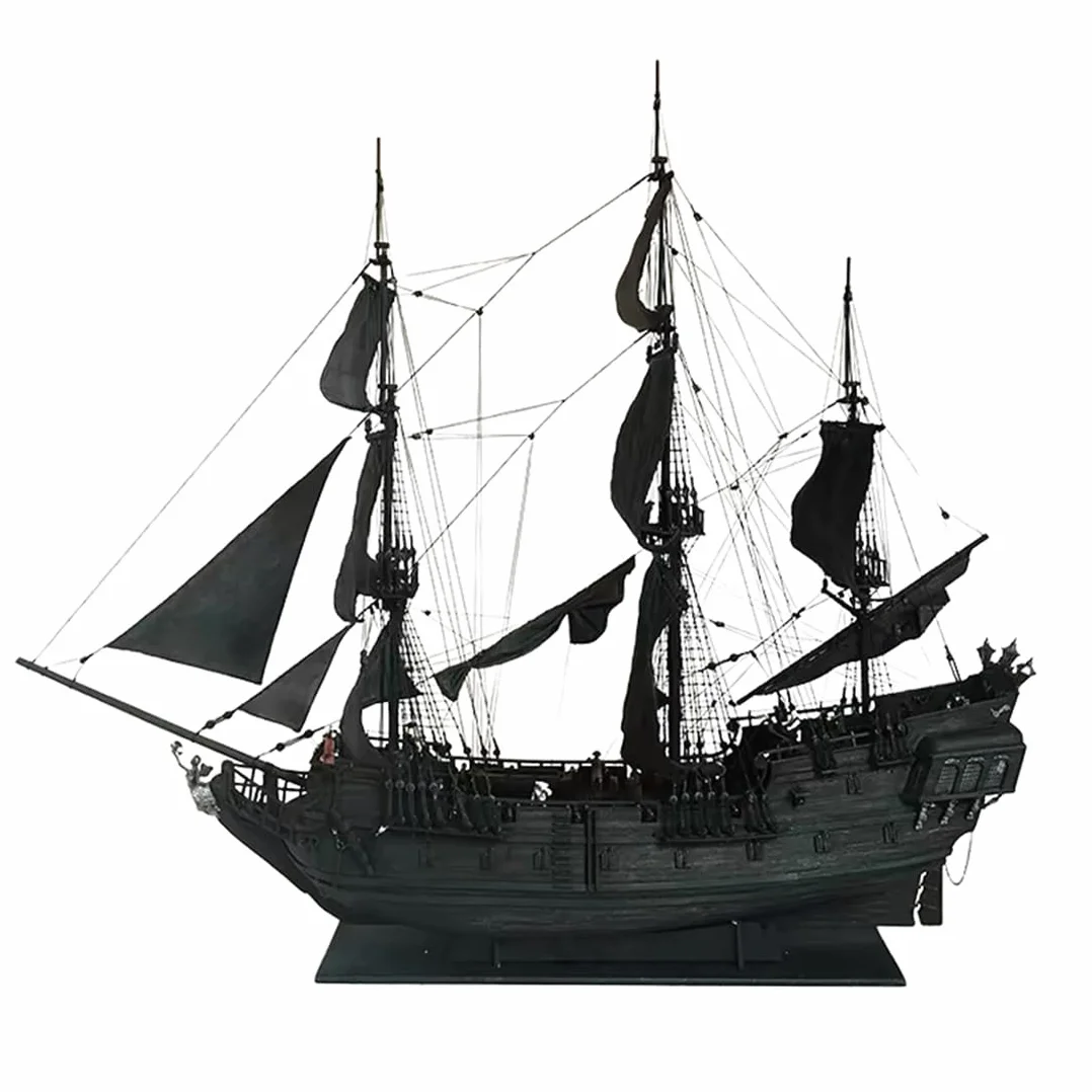 Quibuilds Barco pirata a escala 1/50 con velas negras, modelo de barco pirata de madera detallado con cañones para entusiastas (versión de kit)