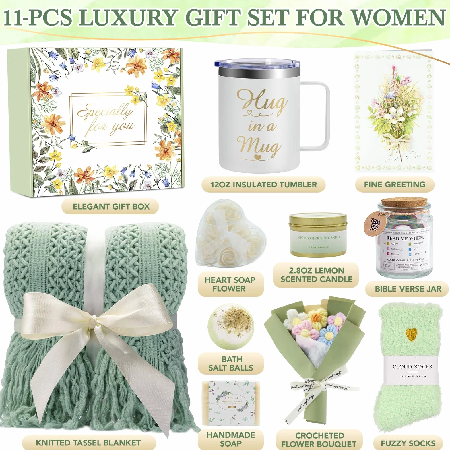 Canastas de regalo para mujeres, 11 piezas de regalos únicos de cumpleaños para mujeres, cestas de regalo de cuidado personal, agradecimiento, recuperarse, regalos inspiradores de amistad para mamá