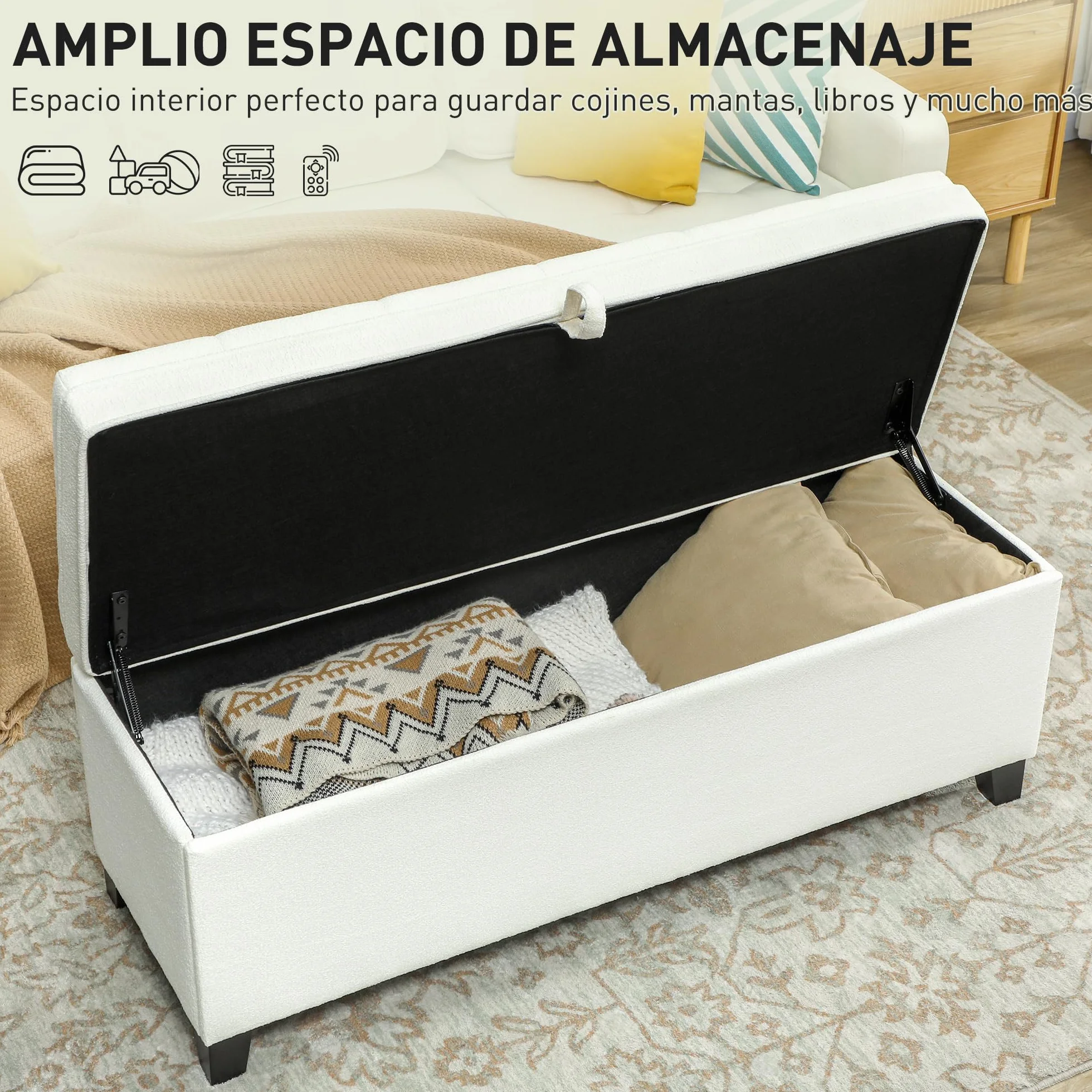 HOMCOM Puff Almacenaje Banco Almacenaje 112L Tapizado en Lino con 2 Bisagras de Seguridad Tapa Abatible y Asiento con Capitoné para Dormitorio Salón Entrada Carga 120 kg 120x40x48 cm Crema