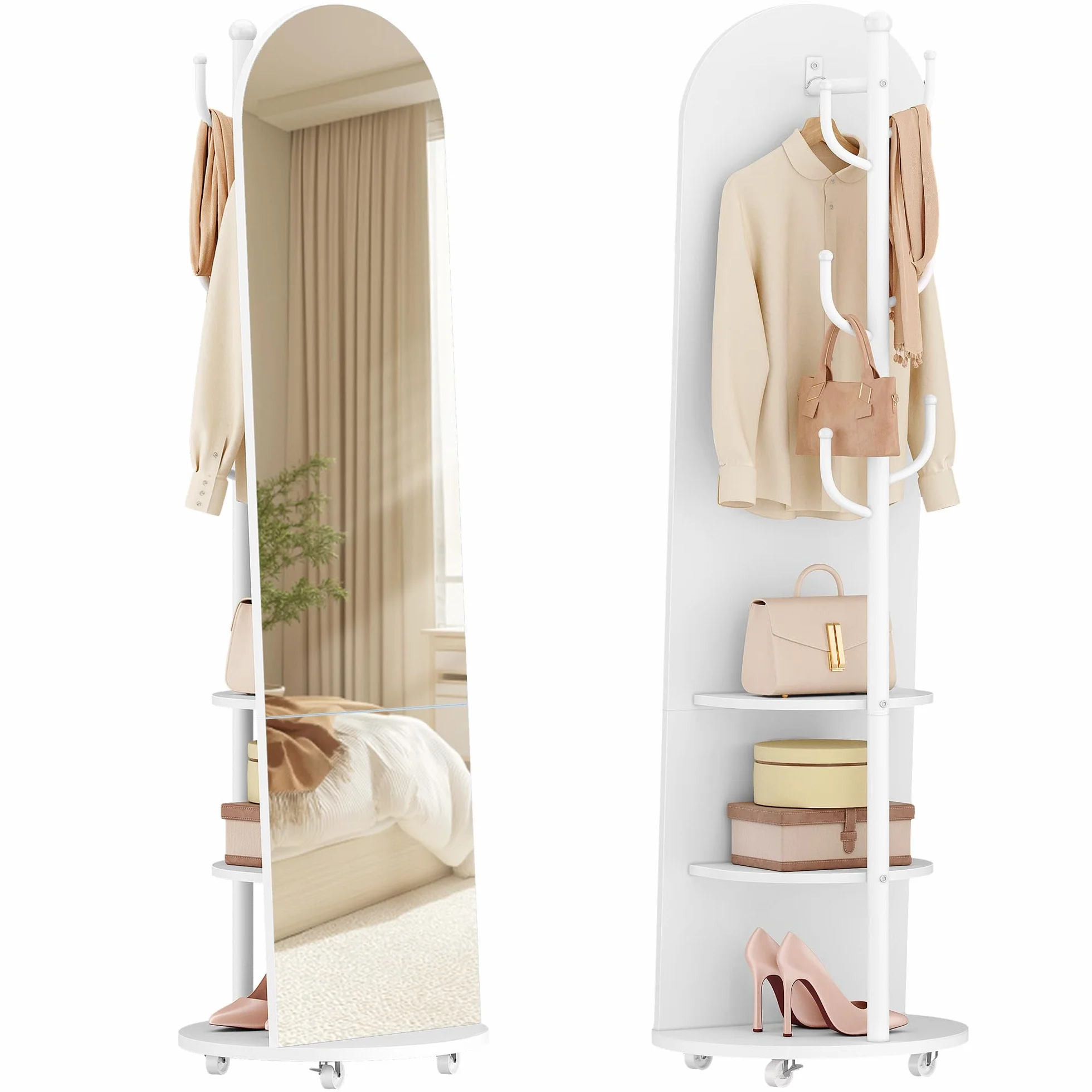 Hzuaneri Espejo de Cuerpo Entero, Espejo de Pie con Ruedas Giratorias de 360°, 165 x 45 cm, 2 Estantes y 6 Ganchos, para Dormitorios, Vestidores y Salón, Vidrio Templado, Blanco DM42303W