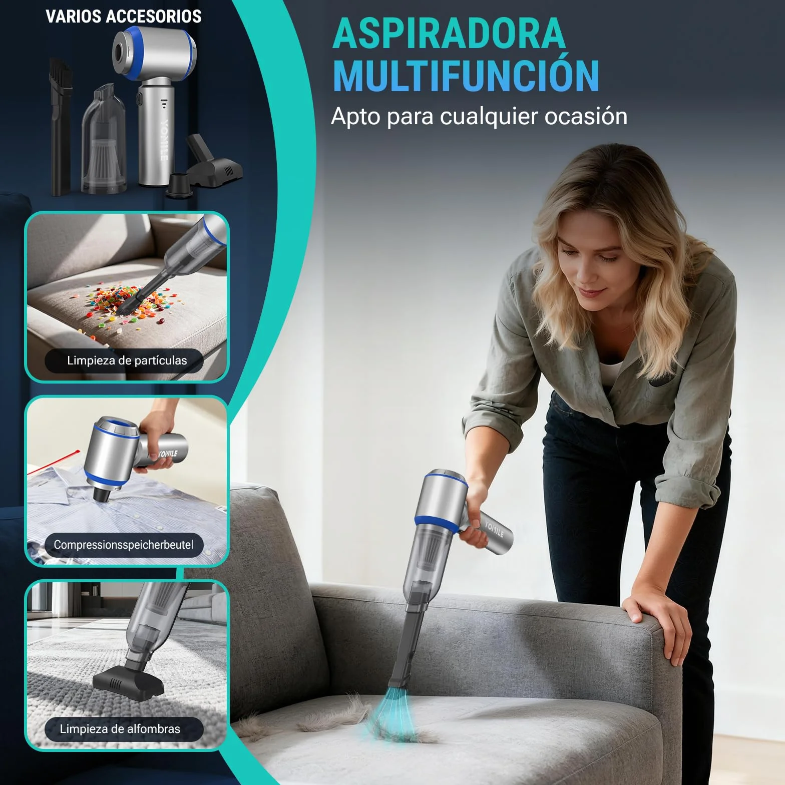 Yomile Aspirador de Mano 25000Pa 120W Recargable sin Escobillas 210.000 RPM sin Cable para Coche