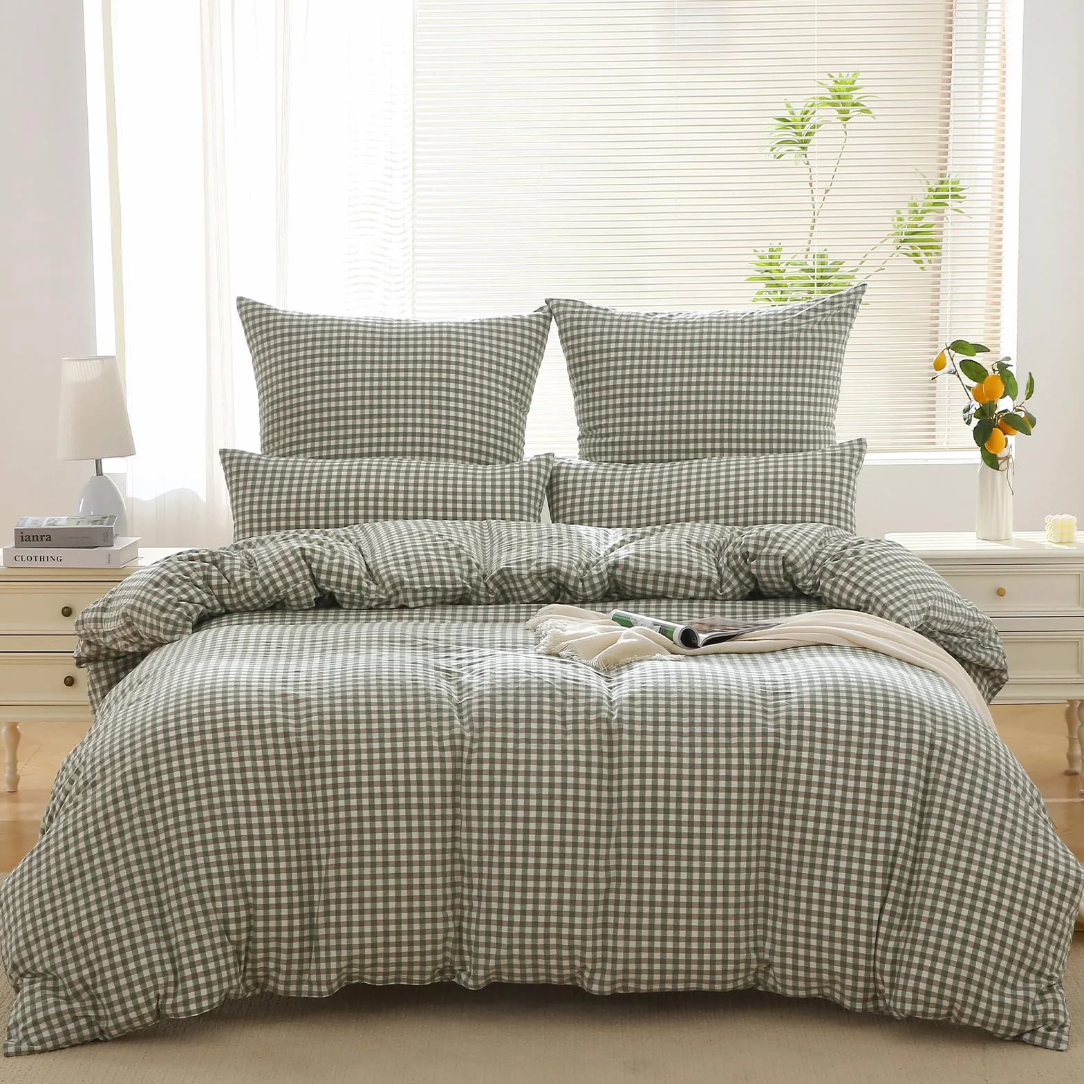 SOULFUL - Funda de edredón de 240 x 260 cm, algodón con 2 fundas de almohada de 65 x 65 cm, 100% algodón lavado, certificado Öeko-Tex, verde juego de cama de 2 personas, 240 x 260 adultos algodón con