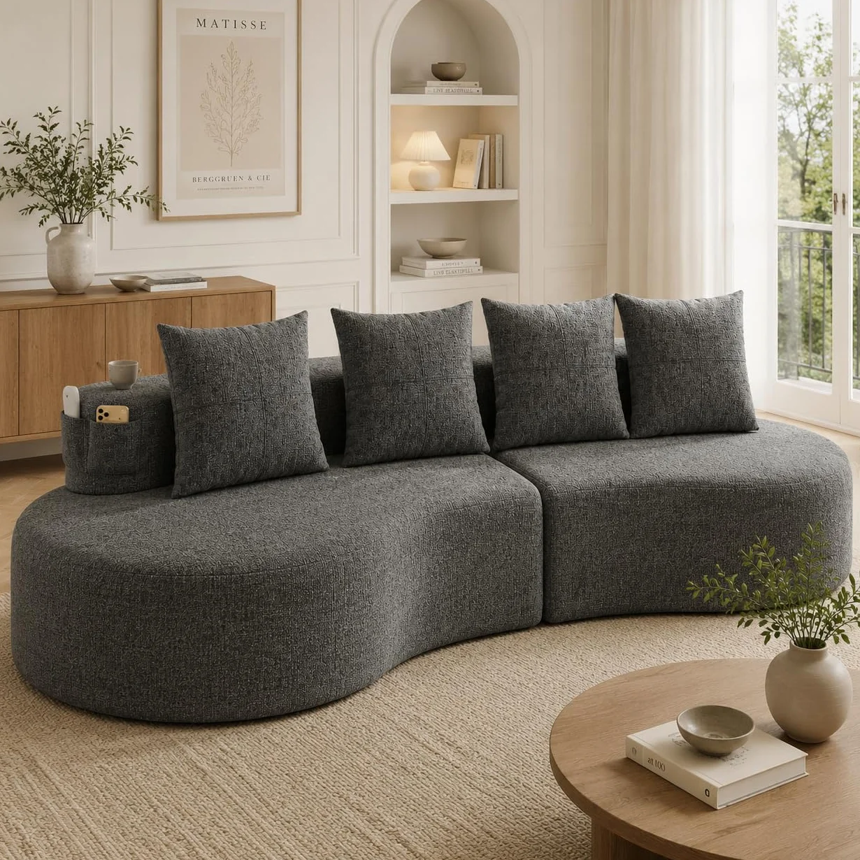Sofá Cloud de Bladez, sofá curvo con tela de lino, sofá modular con 4 cojines, portavasos y bolsillo lateral, sofá sin patas con relleno de espuma de alta densidad y piezas de resorte, para salón