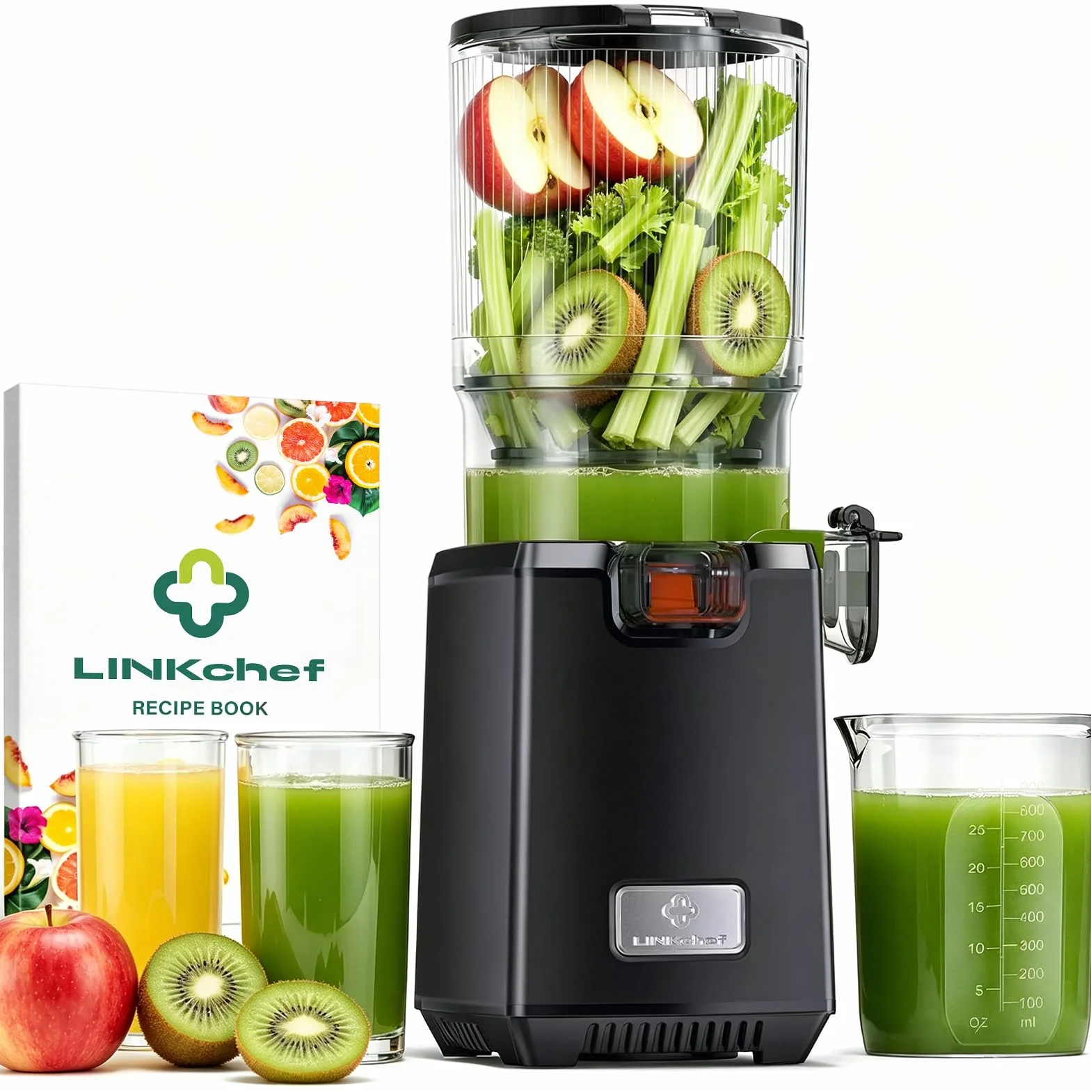 LINKChef Licuadora Slow Juicer con Boca Ancha 130 mm, Extractor de Zumos y Verduras, Capacidad 1,8 L, 250W Juicer Machine Silenciosa con Función Inversa, Fácil de Limpiar, Sin BPA